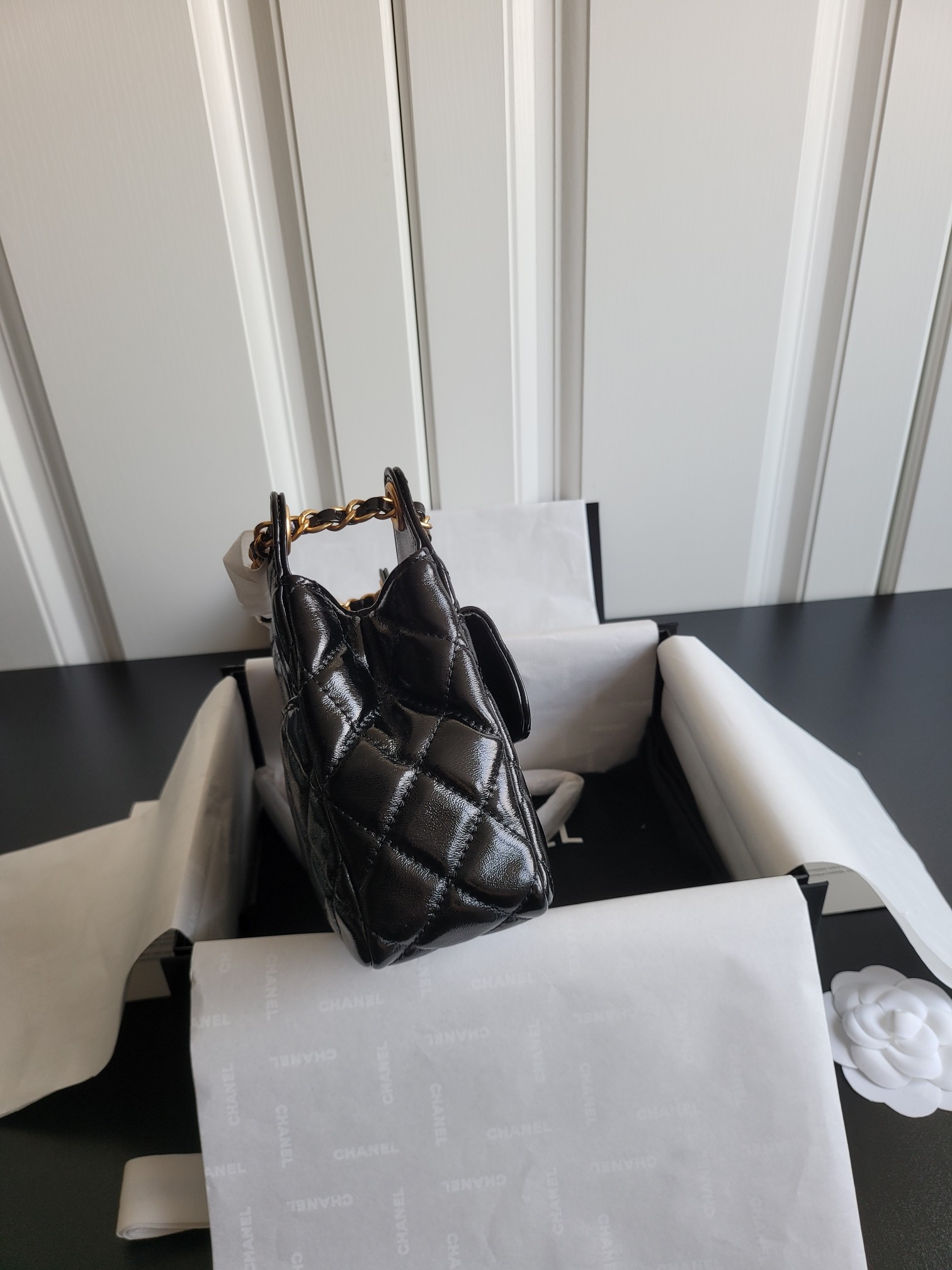 24C Mini Hobo Bag (AS4846) in Black Quilted Shiny Calfskin with Light Gold-Tone Hardware & N°5 Charm - Mocuir