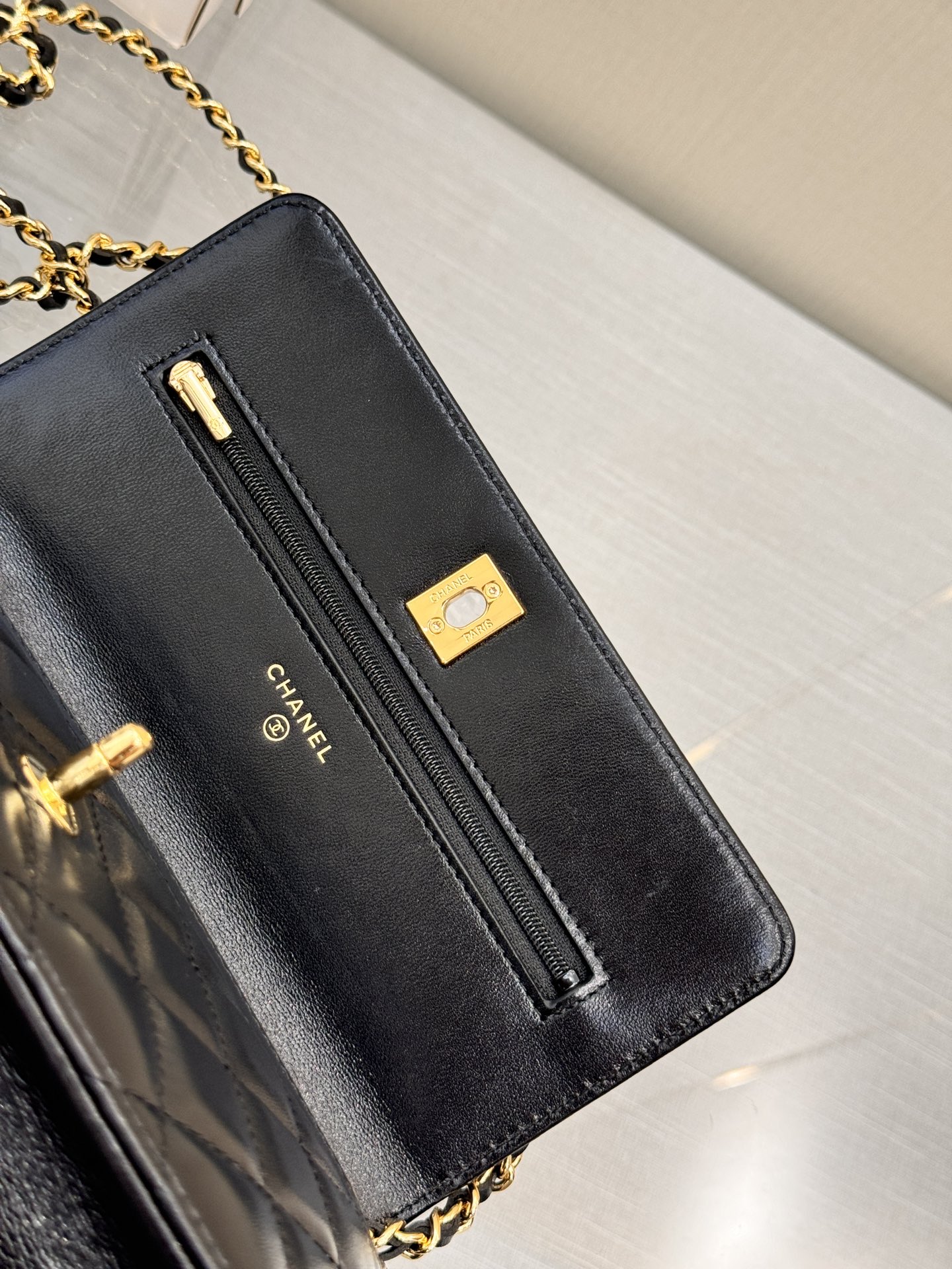 Classic Wallet On Chain (WOC) with Pearl Detail in Black Quilted Lambskin with Light Gold-Tone Hardware - Mocuir