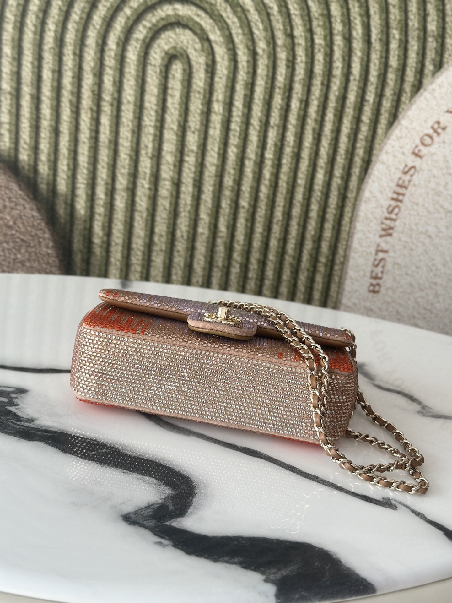 Classic Flap Mini Bag in Nude Plaid Strass Crystal Embellished Suede (Gold Hardware) - Mocuir