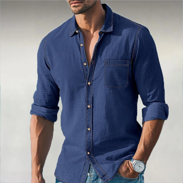 Men's Retro Turndown Collar Button Denim Long Sleeve Shirt