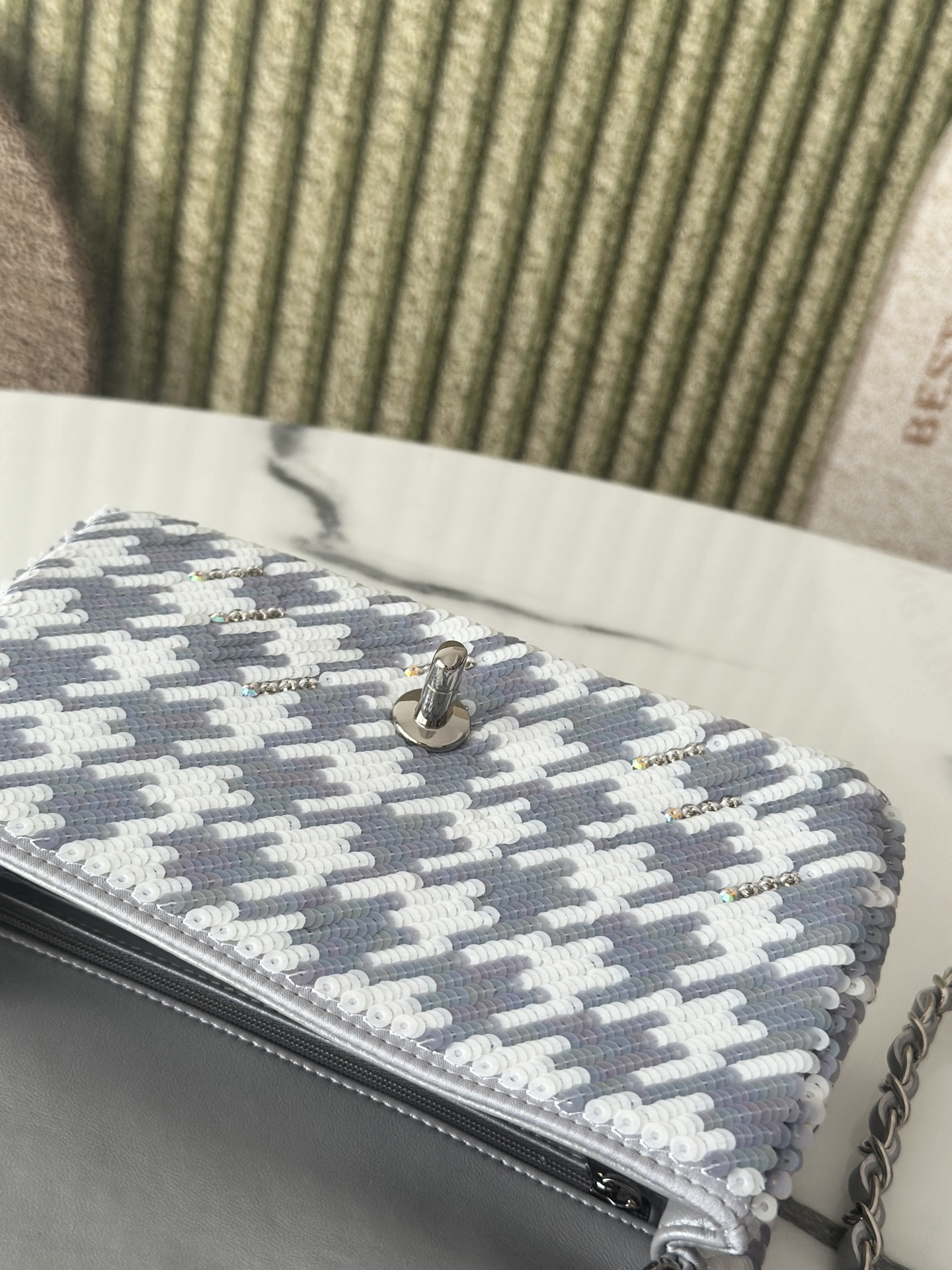 Limited Edition Silver Grey & White Houndstooth Sequin & Strass Mini Classic Flap Bag with Silver-Tone Hardware - Mocuir