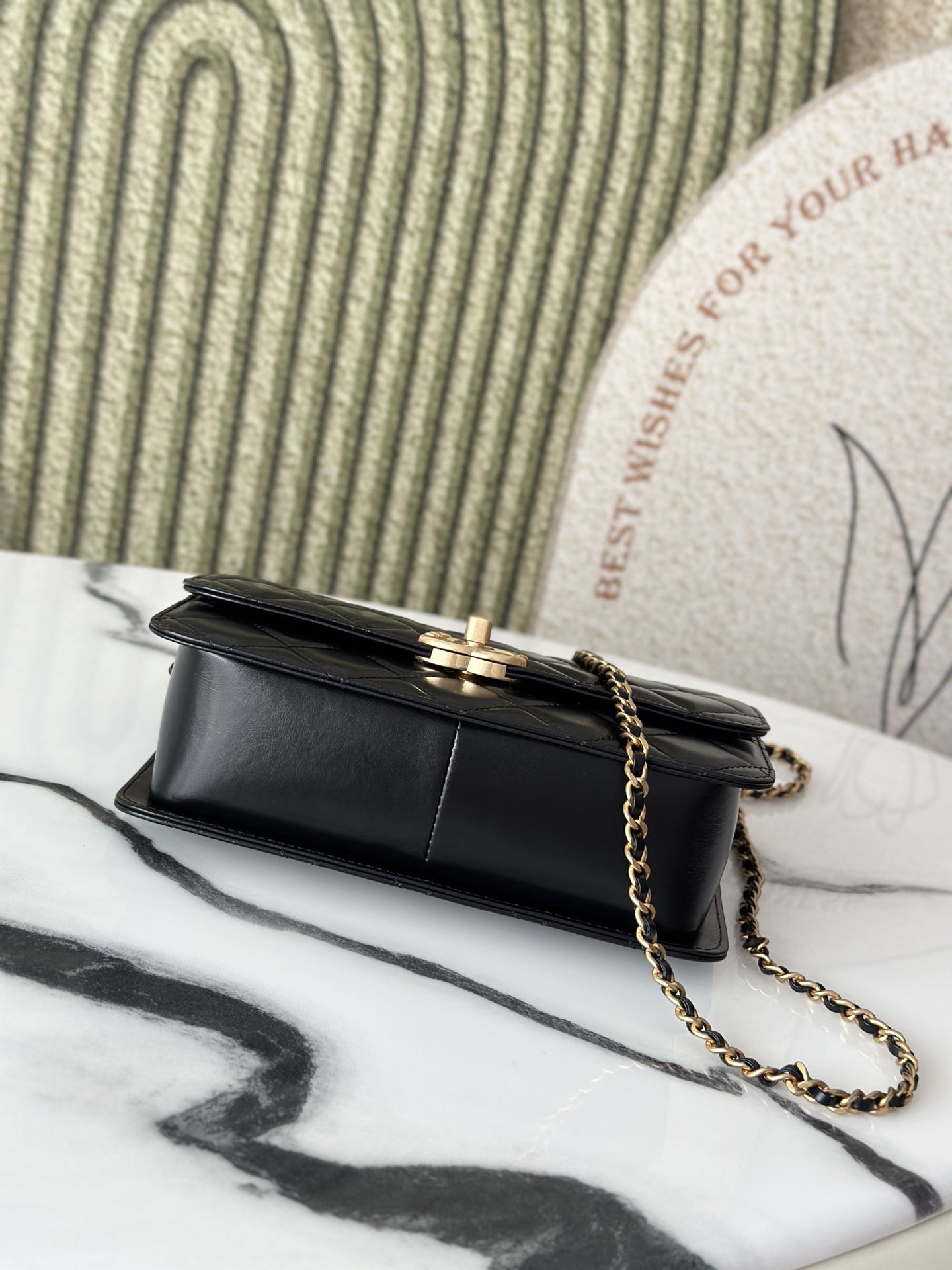 Small Flap Bag with Pearl Chain Detail in Black Shiny Calfskin with Gold-Tone Hardware - Mocuir