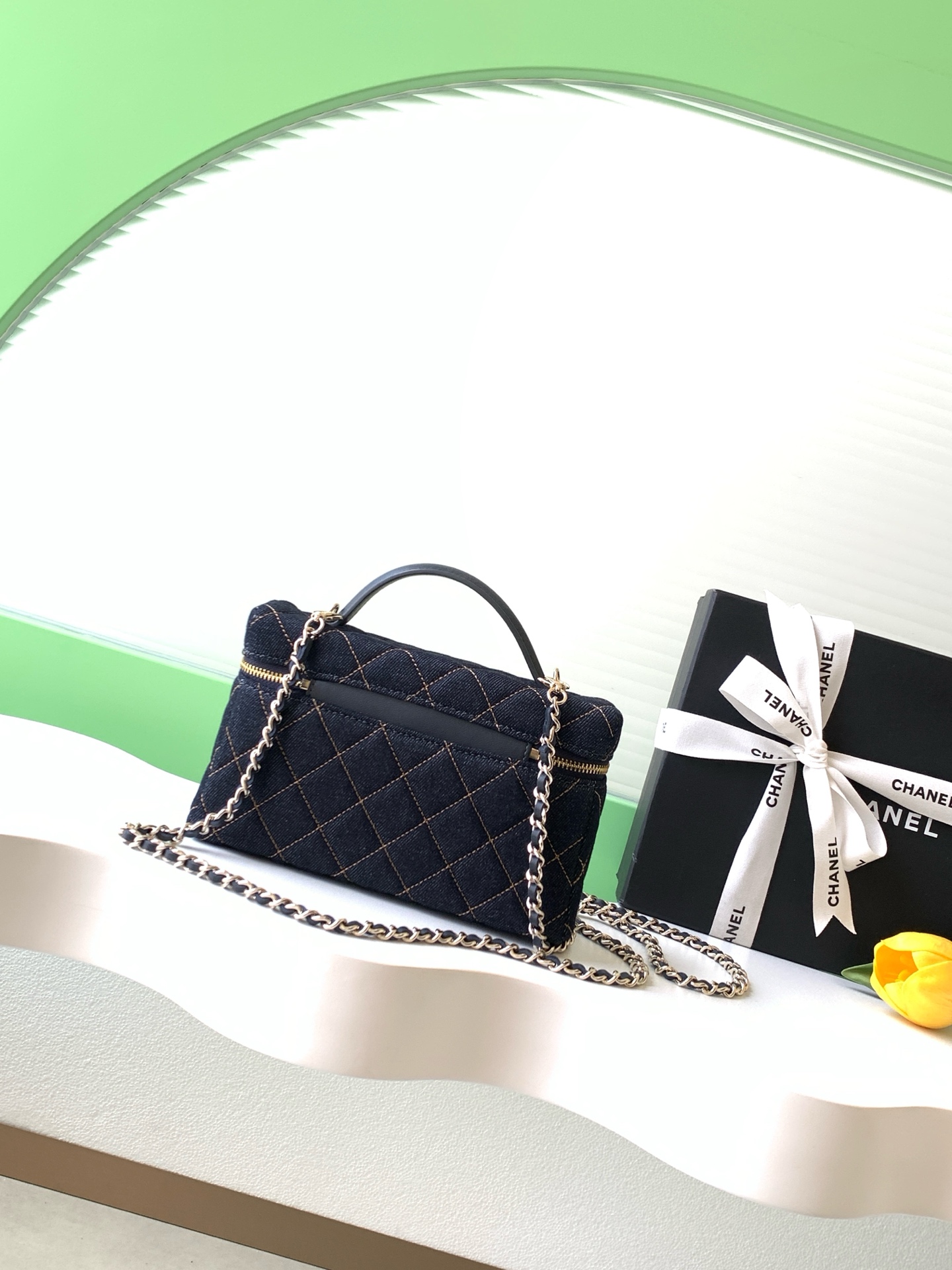 26P Pre-Collection Quilted Denim LP Top Handle Vanity Case in Dark Blue with Gold Hardware (Model AP4385) - Mocuir