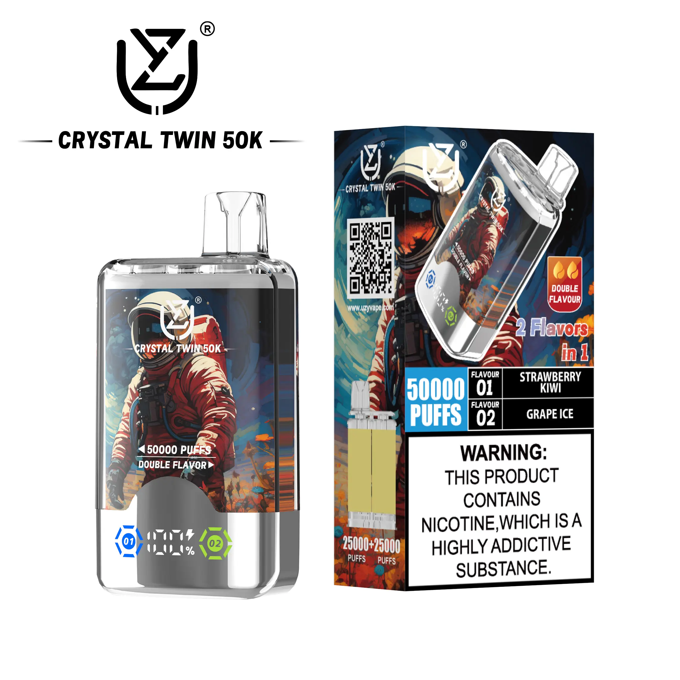 （3 pieces）UZY Crystal Twin 50000 50k Puffs Double Taste LED Display Disposable Vape