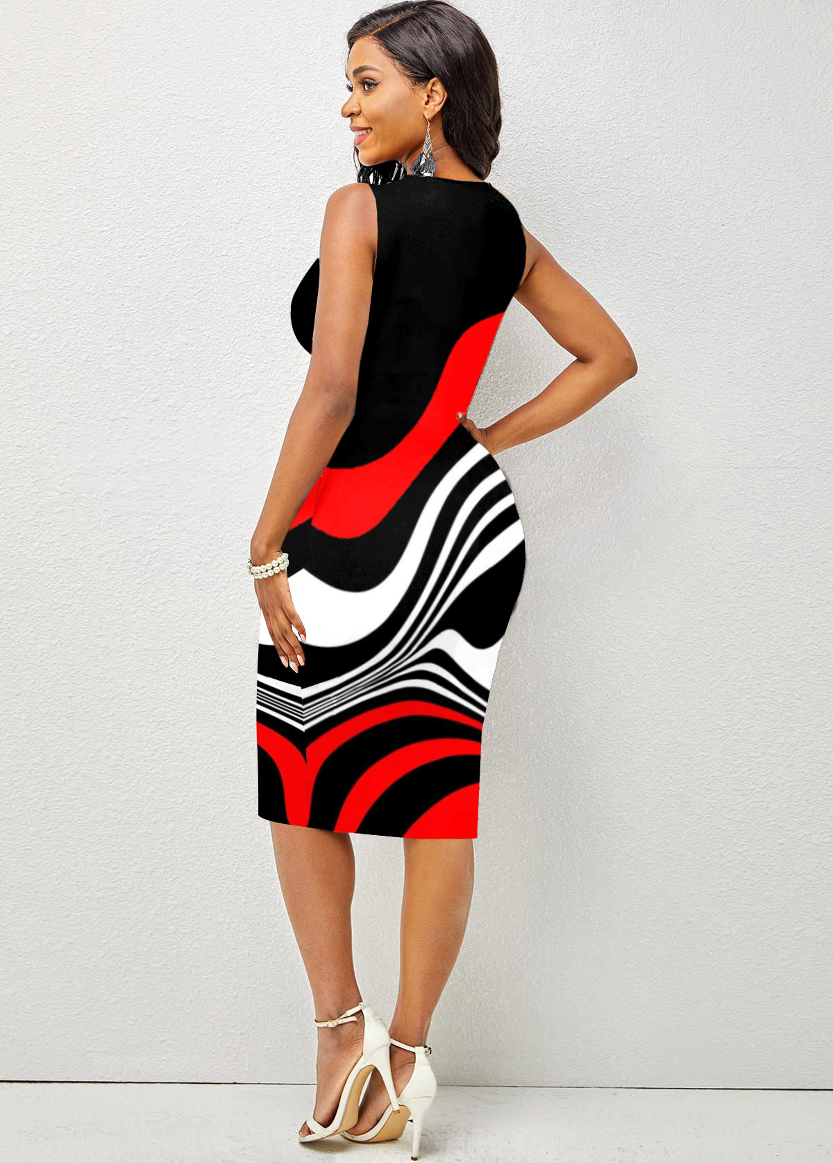 Split Neck Sleeveless Black Printed Dress