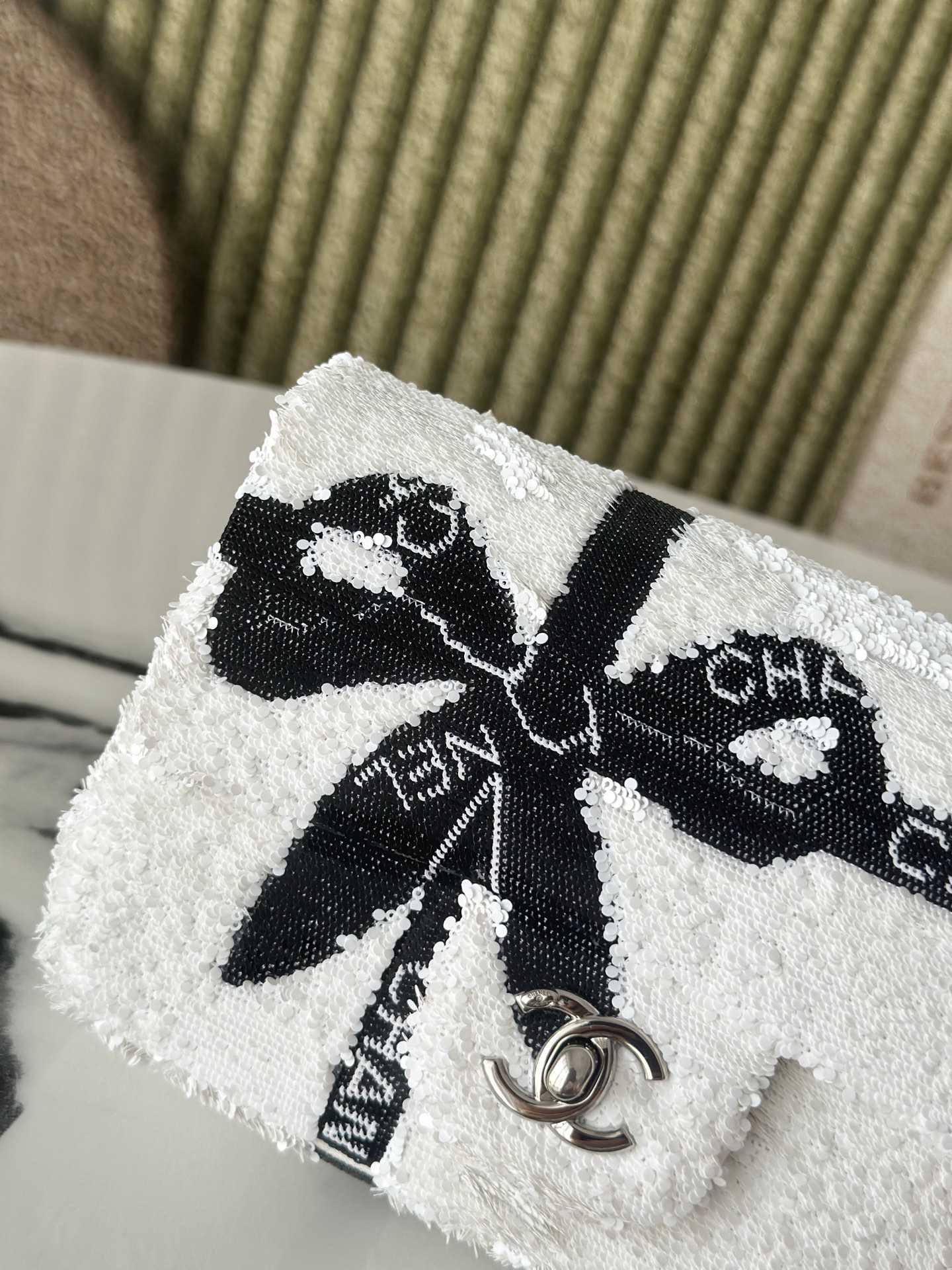 24B White & Black Sequin Bow Mini Classic Flap Bag with Silver-Tone Hardware - Mocuir