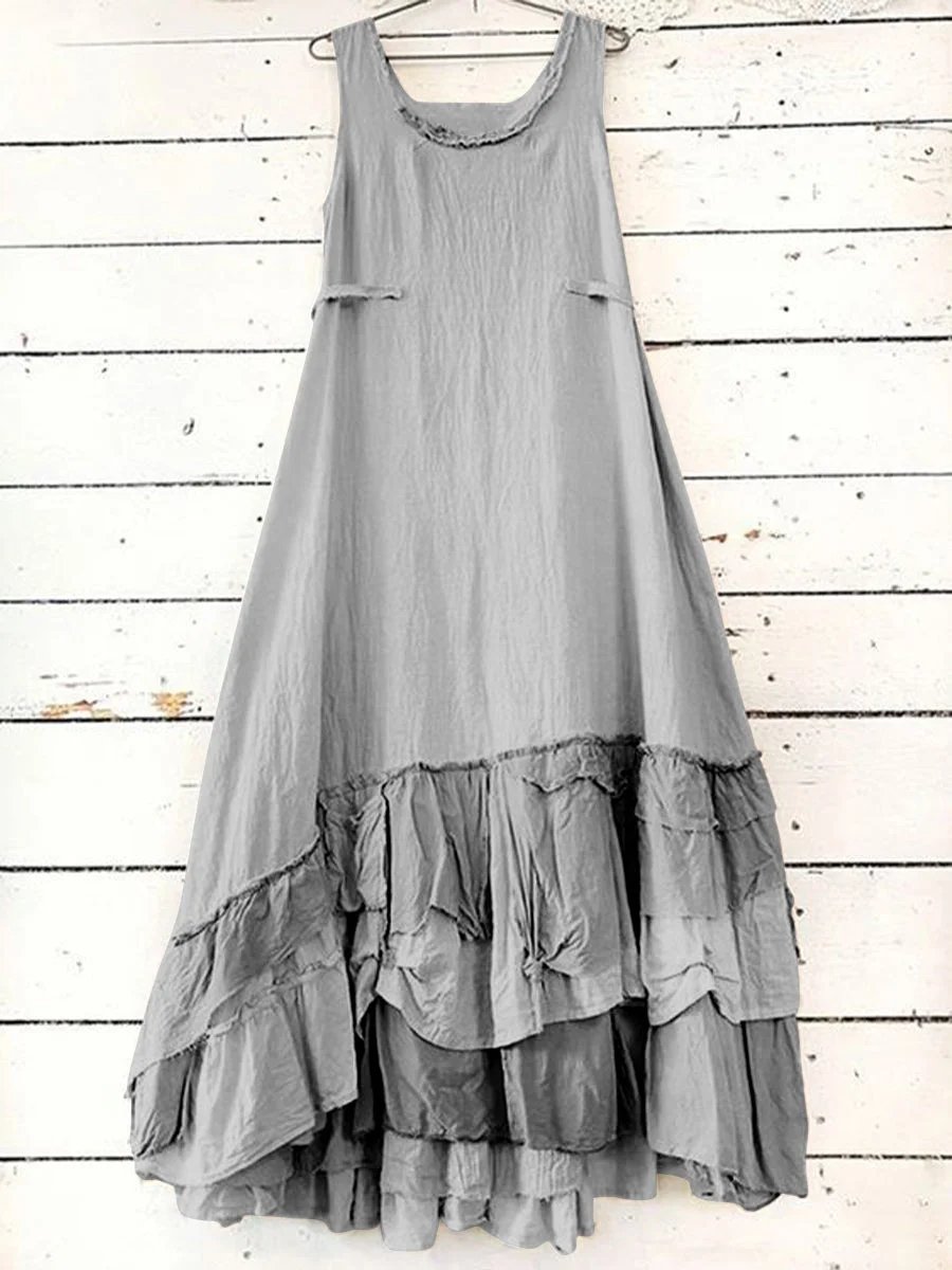 Round Neck Sleeveless Panel Ruffle A-Line Dress