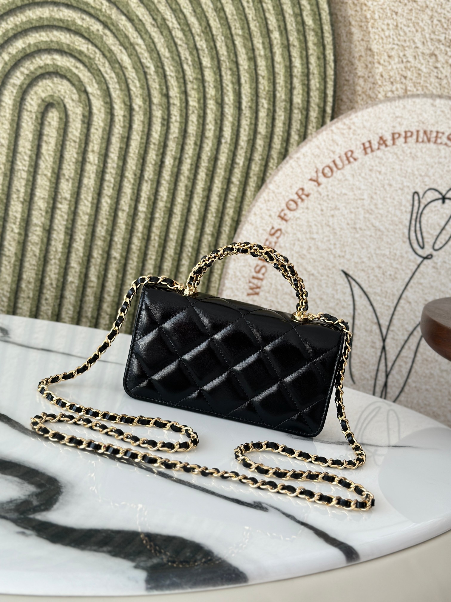 Black Shiny Calfskin Mini Flap Bag with Chain Handle (Model AP3656) - Mocuir