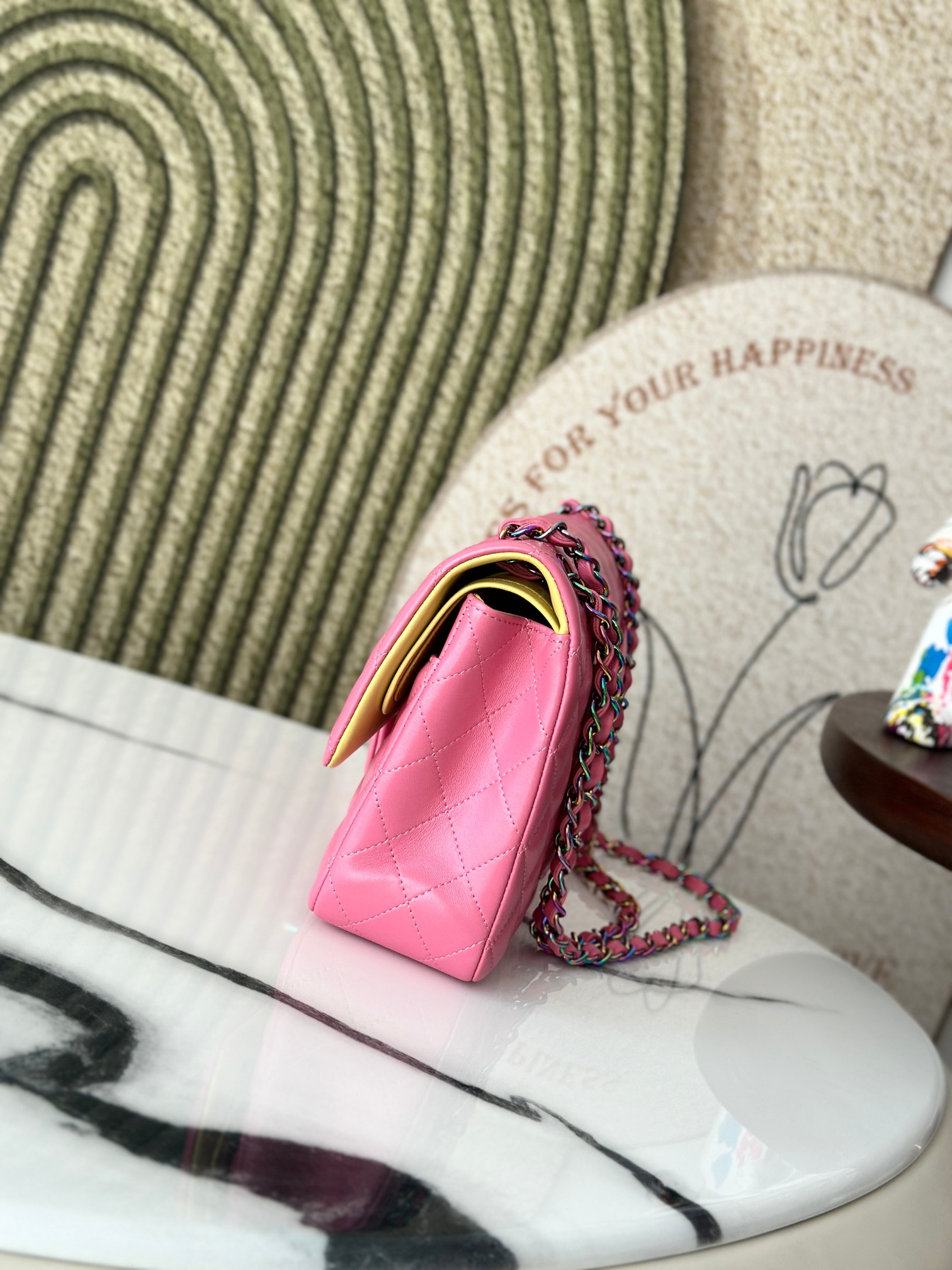 Classic Flap Medium Bag in Sakura Pink Lambskin with Iridescent Rainbow Hardware (Model A01112) - Mocuir