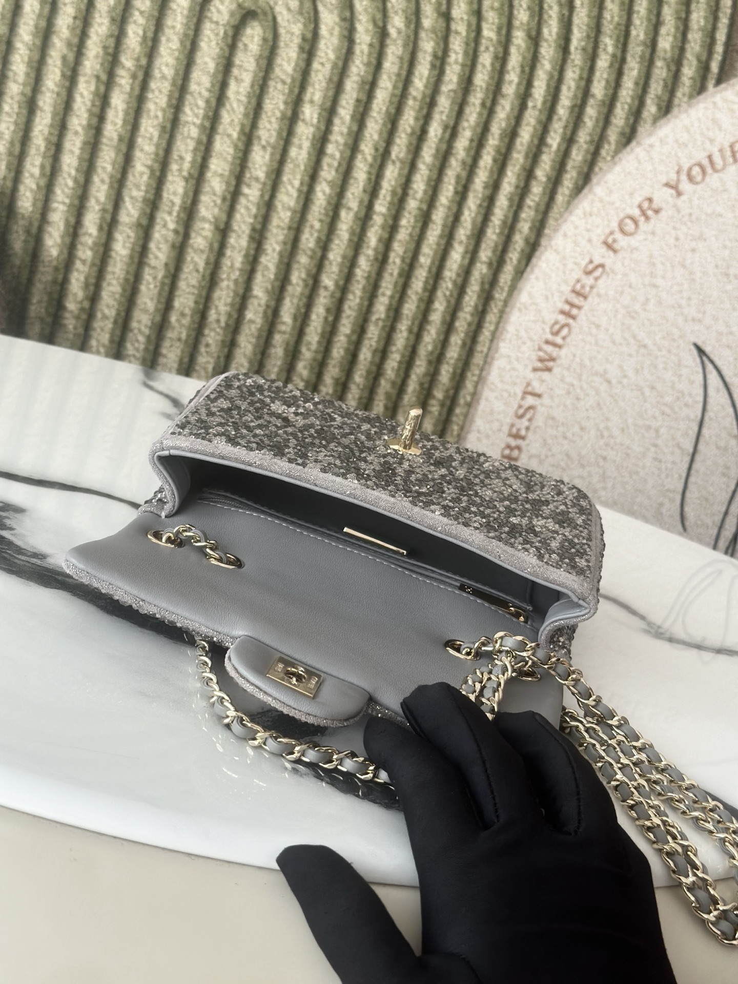 Classic Flap Mini Bag in Silver Grey Strass Crystal Embellished Suede (Gold Hardware) - Mocuir