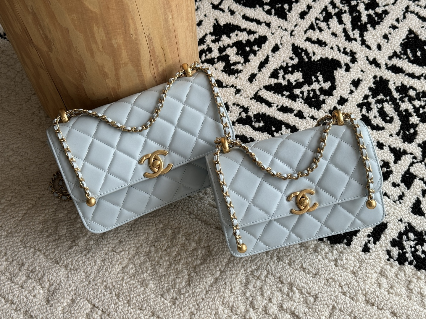 Wallet On Chain (WOC) with Double Gold Balls in Light Blue Quilted Shiny Caviar Leather with Antique Gold-Tone Hardware - Mocuir