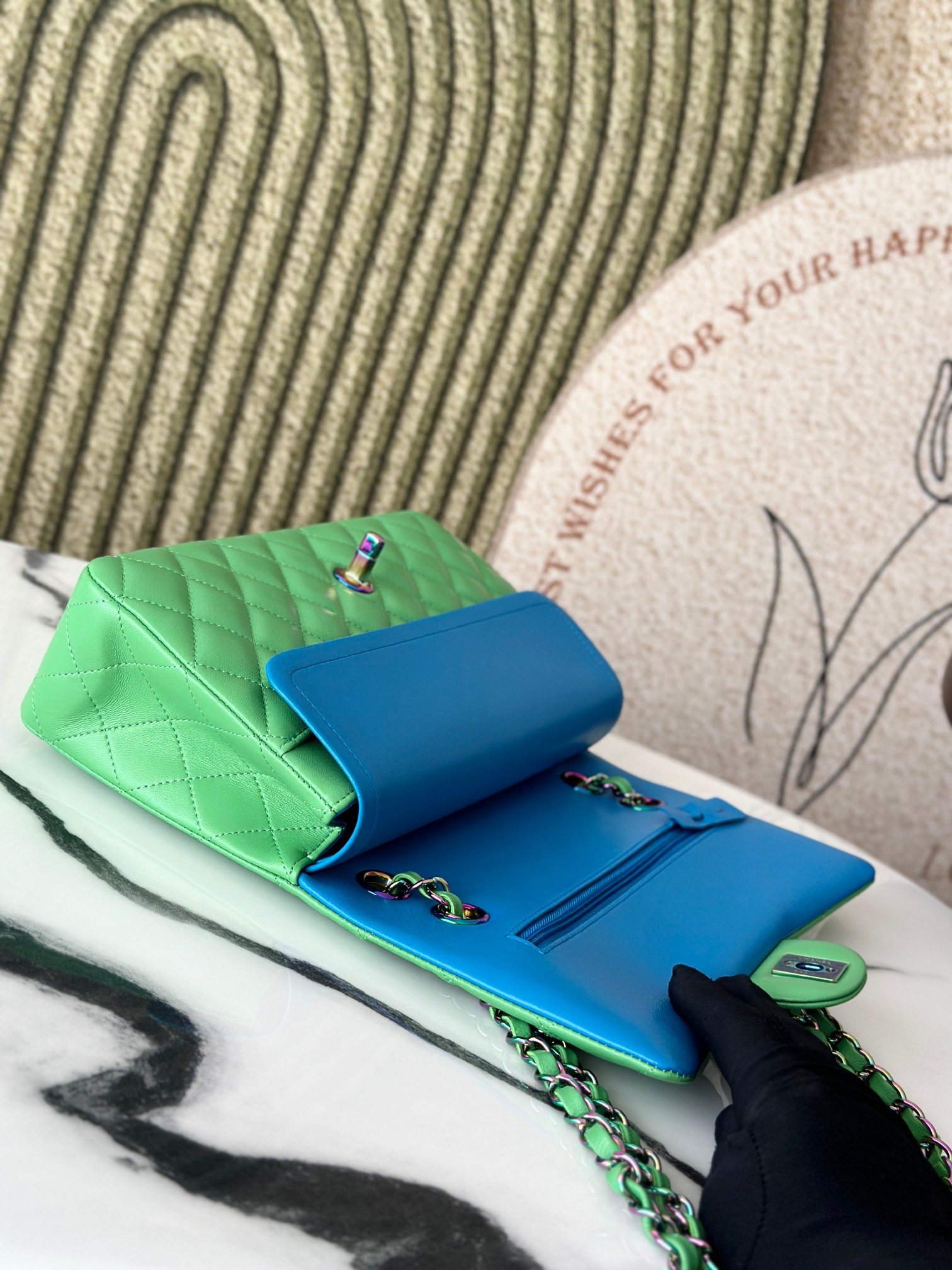 Classic Flap Medium Bag in Avocado Green Lambskin with Iridescent Rainbow Hardware (Model A01112) - Mocuir