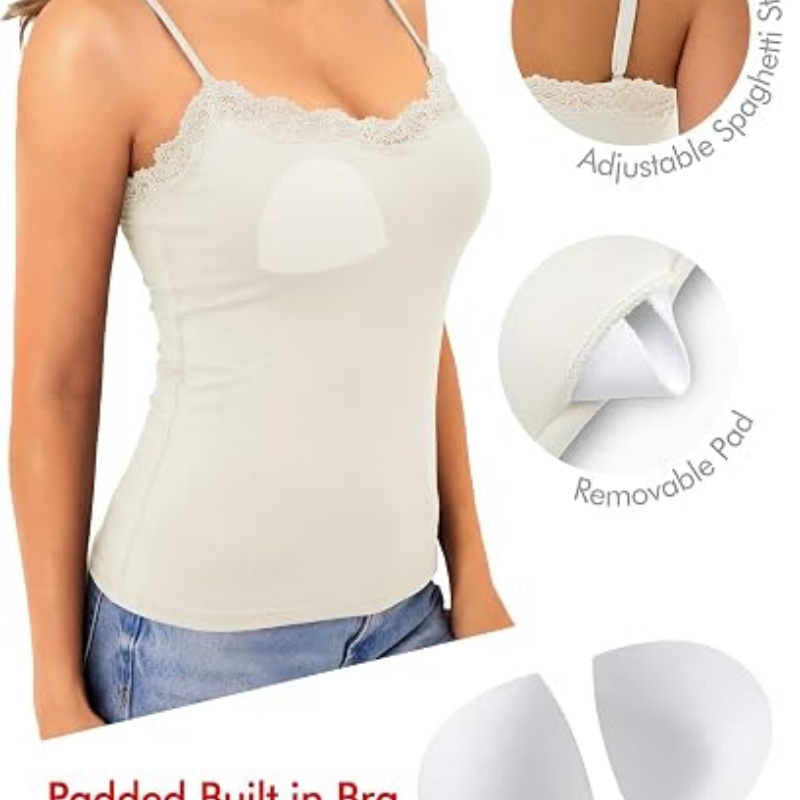 Womens Built in Bra Lace Tank Tops Going Out Double Lined Cami Shirt