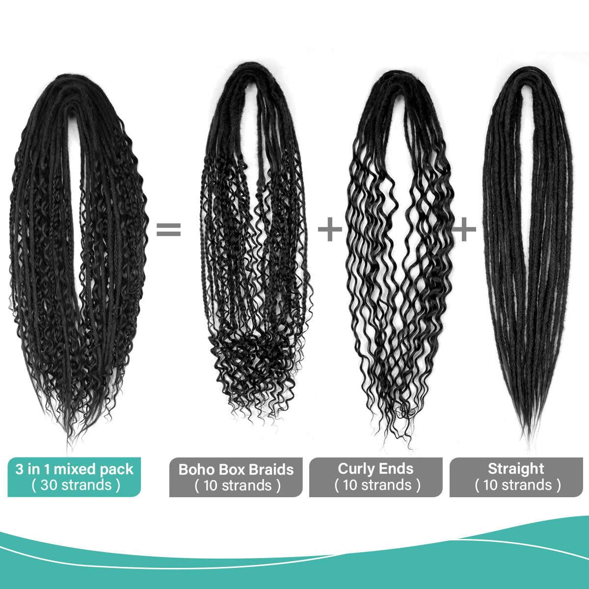 24 Inch 3 In 1 Dreadlock Extensions Sets, 30 Strands Mixed Black Synthetic DE Dreads Extensions, 100% Handmade Soft Double Ended Curly Boho Wavy Dreads for Girls