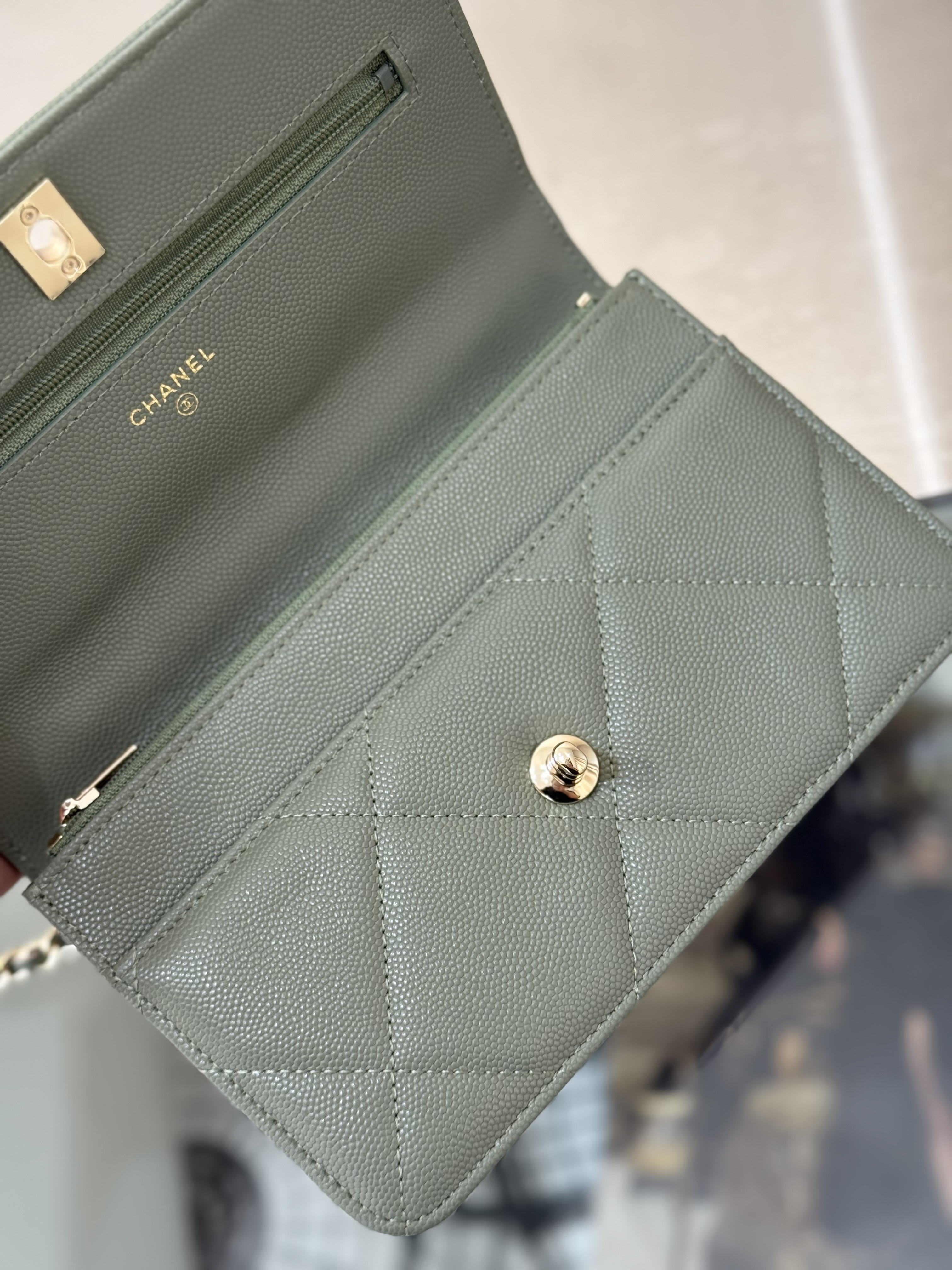 Wallet on Chain with Top Handle (AP3984) in Green Caviar Leather with Gold-Tone Hardware, 25C Cruise Collection - Mocuir