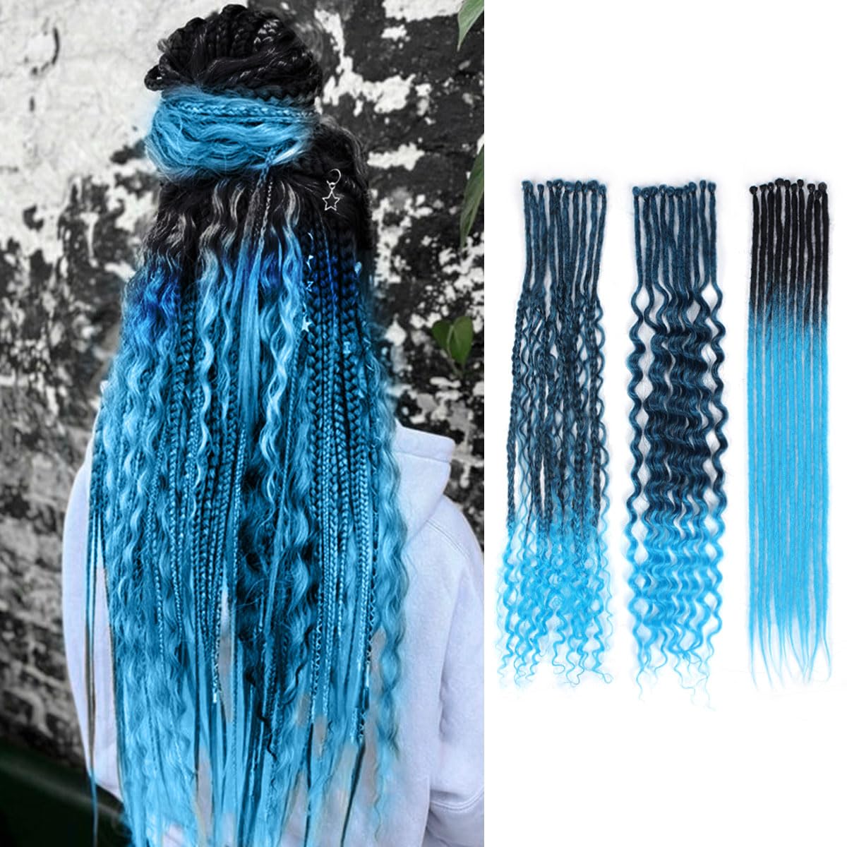 24 Inch 3 In 1 Dreadlock Extensions Sets, 30 Strands Mixed Ombre Blue Synthetic SE Dreads Extensions, 100% Handmade Soft Single Ended Curly Boho Wavy Dreads for Girls
