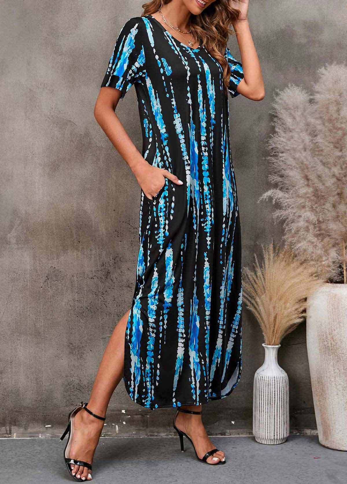 Blue Striped Double Side Pockets V Neck Dress