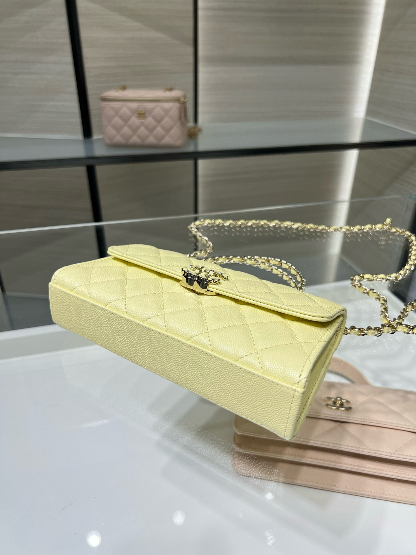 26S Spring-Summer Collection AP3238 Mini Top Handle Flap Bag in Yellow Quilted Grained Calfskin (Caviar) with Gold-Tone Hardware - Mocuir