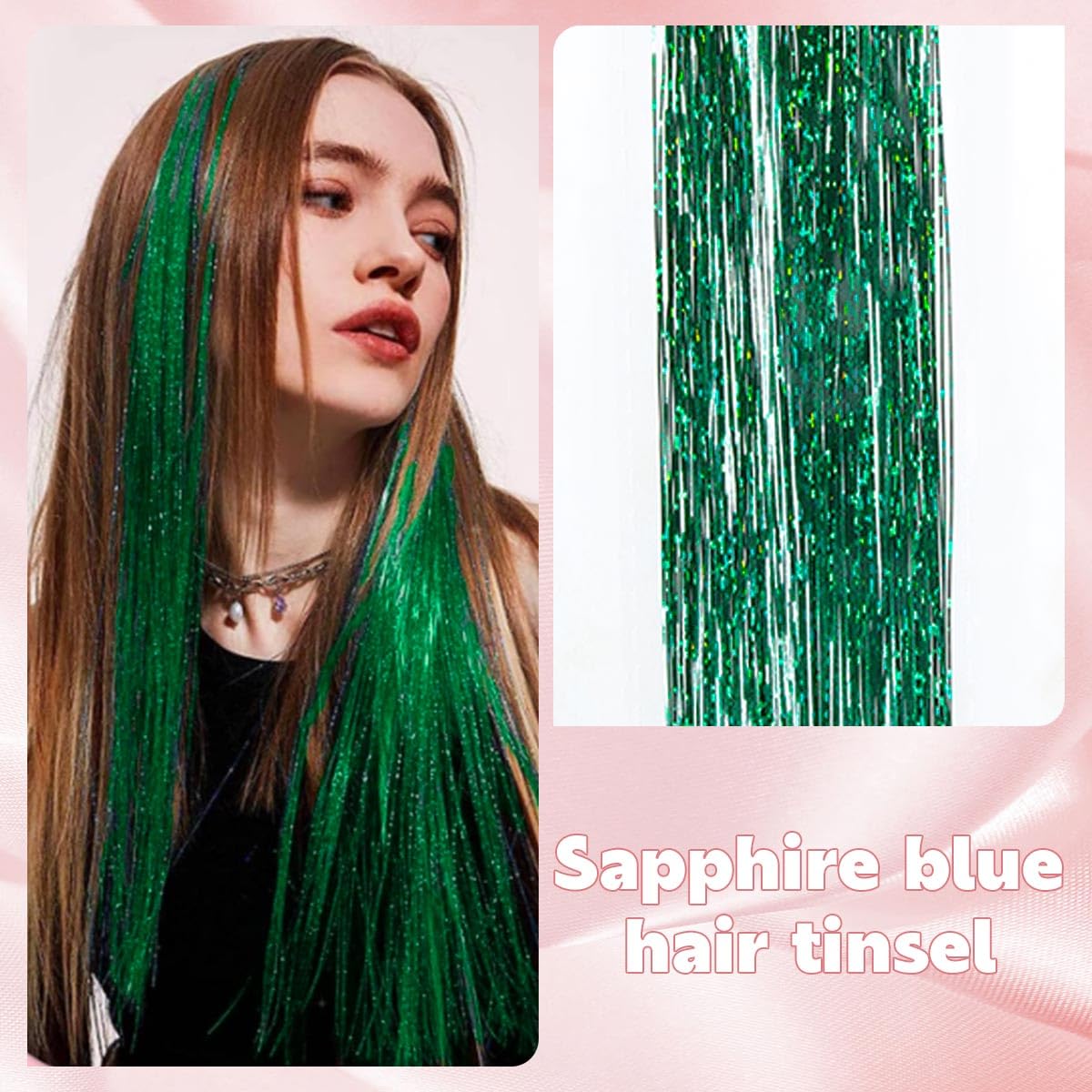 Green Hair Tinsel Kit, 10 Packs Fairy Tinsel Hair Extensions for Teen Girls Heat Resistant Glitter Hair Accessories for Christmas New Year Halloween Cosplay Party(48 Inch)