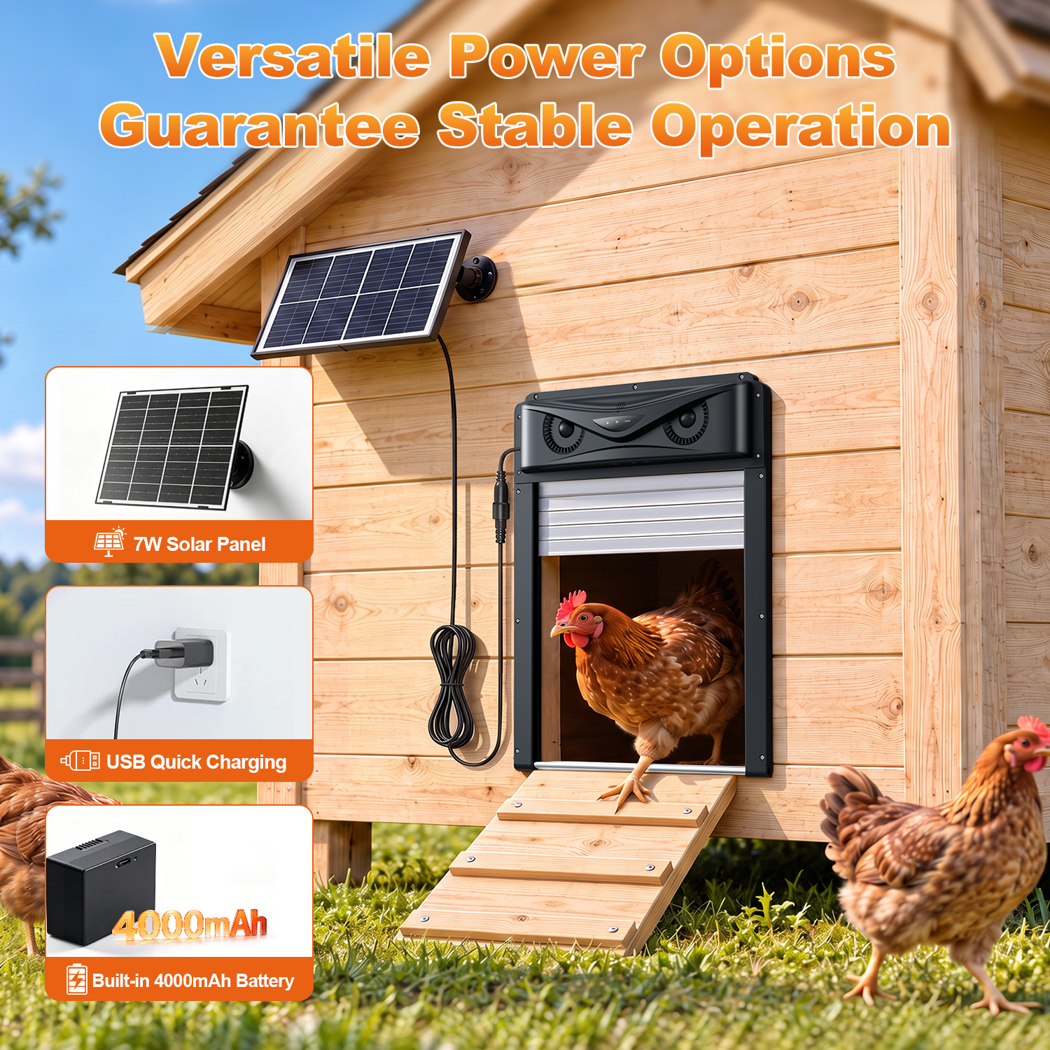 Automatic Chicken Coop Door with LCD Remote, 7W Solar Power, Timer, PIR Alarm & Anti-Pinch, Roll-Up Design