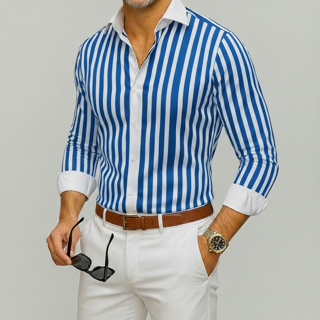 Men's Business Casual Striped Print Single Breasted Long Sleeve Shirt