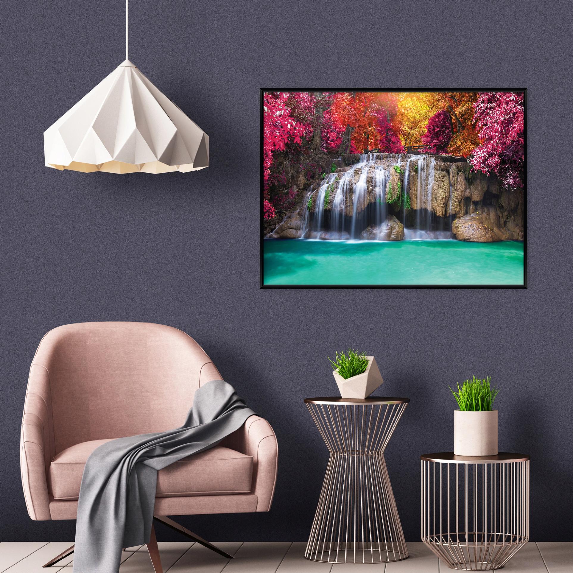 Black-framed canvas painting of a waterfall, forest, nature, living room, bedroom, 40x30