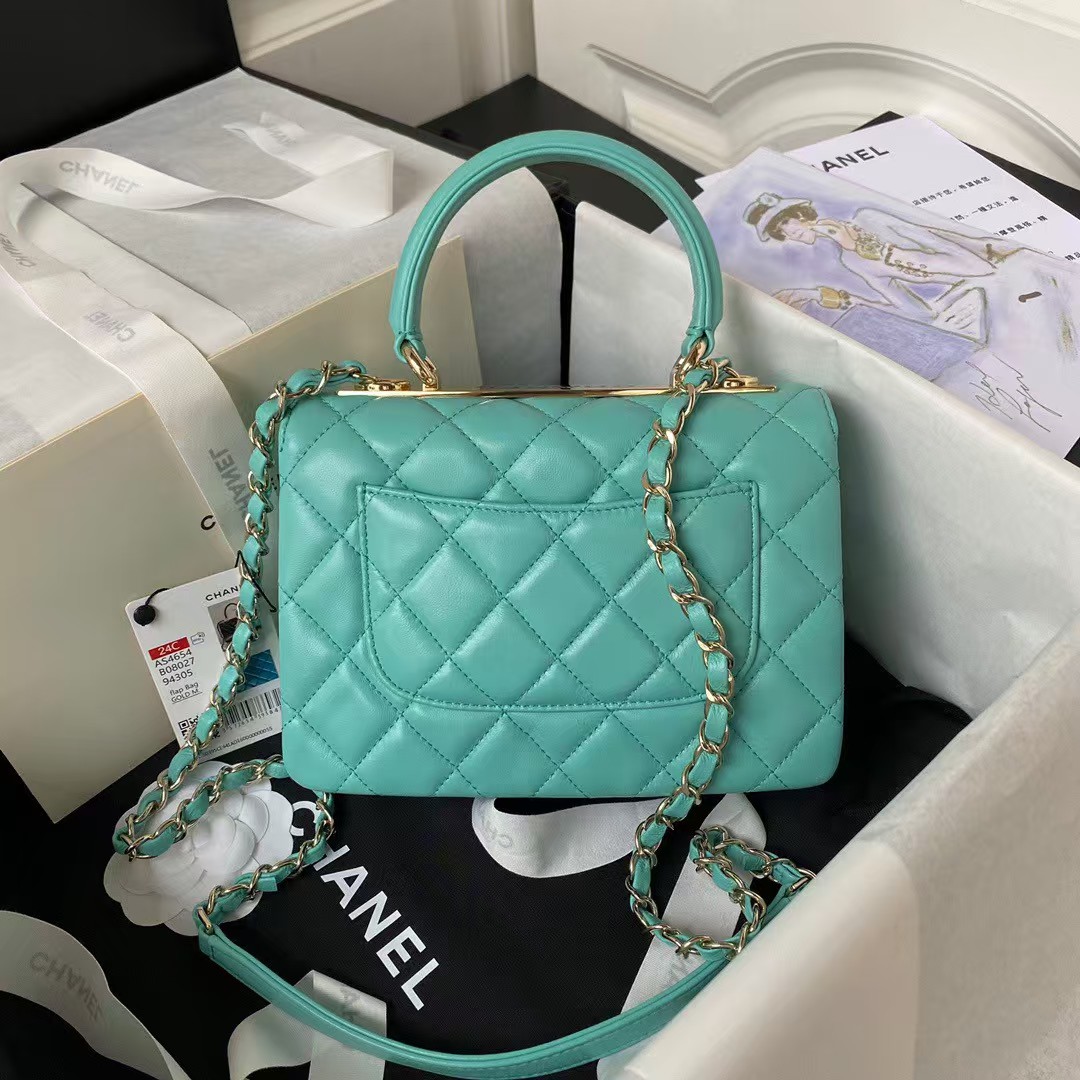 AS4654 Mini Trendy CC Flap Bag Turquoise Lambskin Light Gold Hardware
