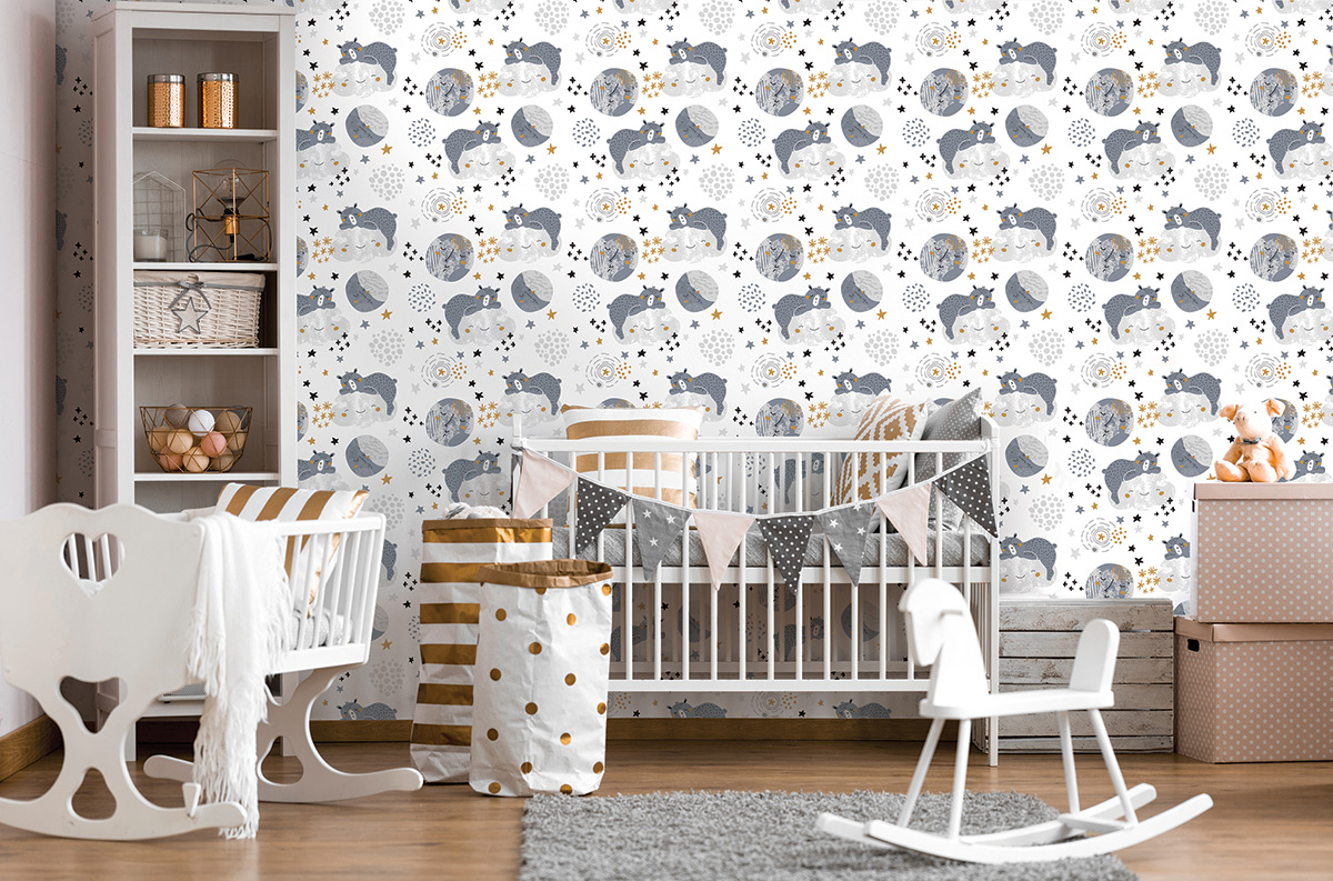 Wallpaper for children animals stars clouds roll
