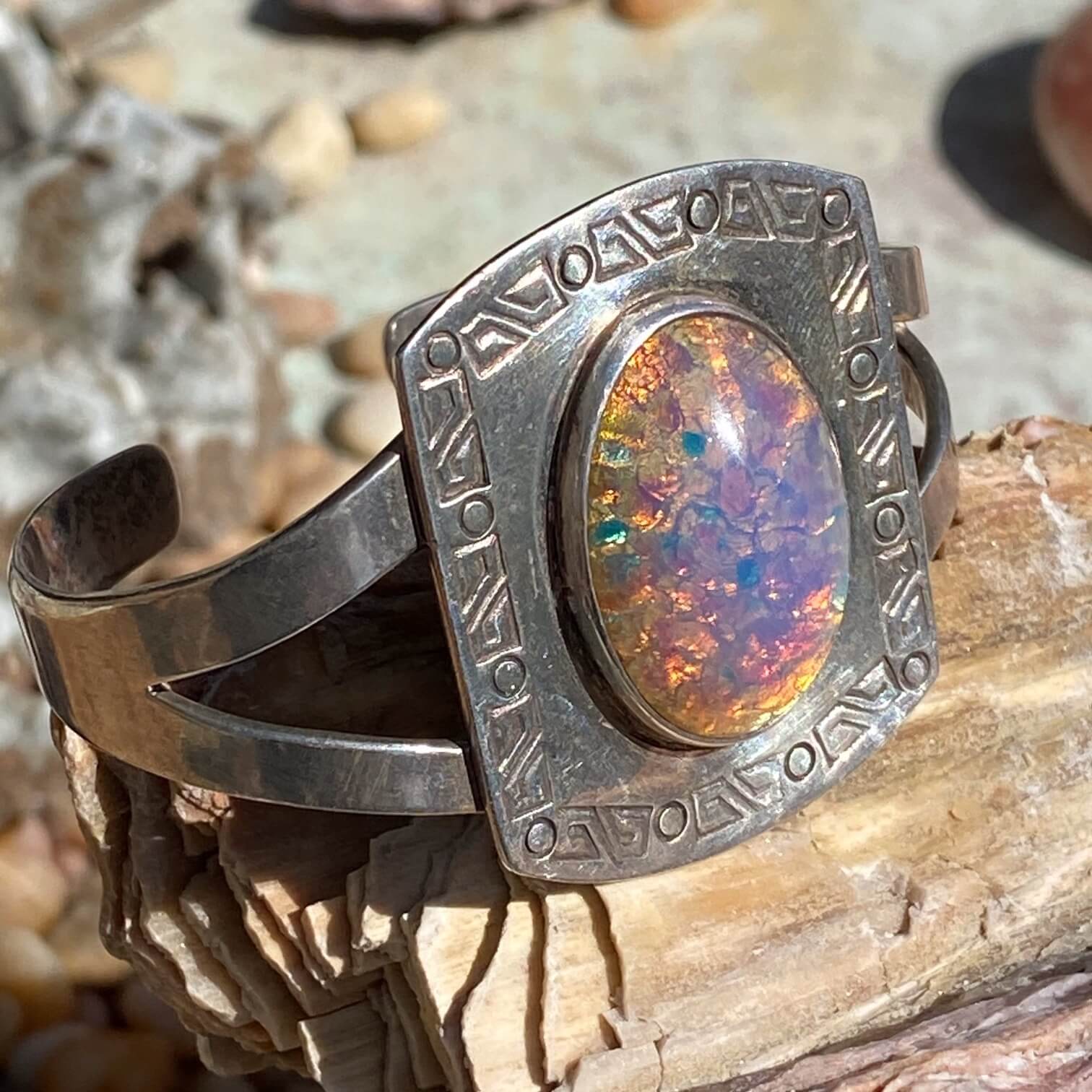 Mexican Sterling Silver Bracelet with Foiled Harlequin Art Glass Opal
