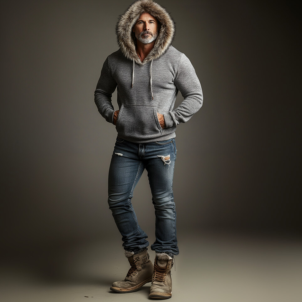 Men's Casual Long Sleeve Pocket Drawstring Fluffy Trim Hoodie