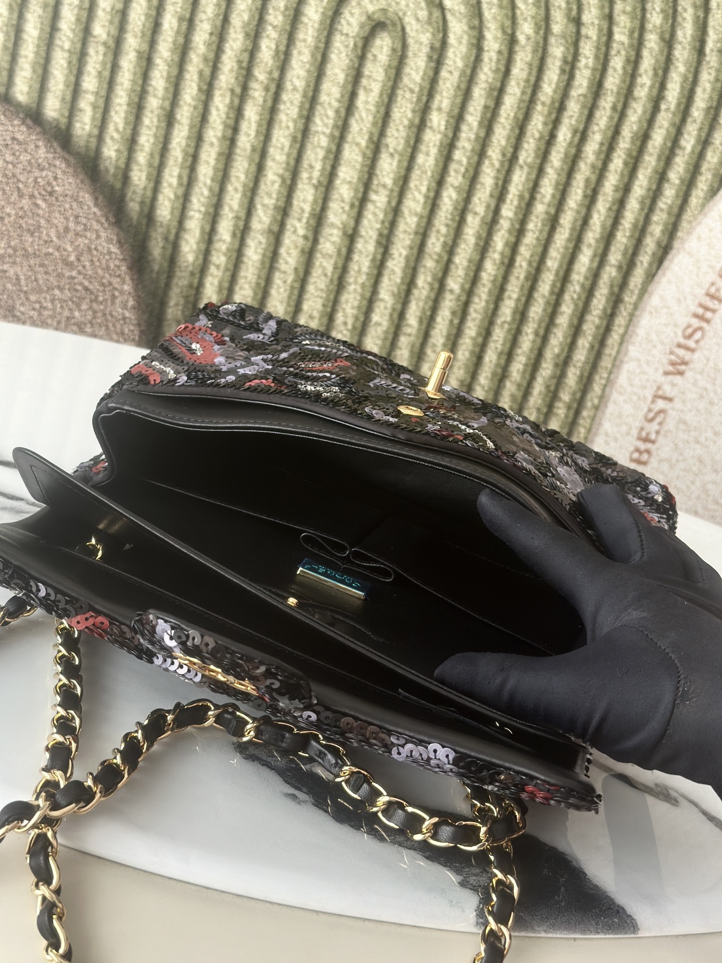 Limited Edition Black Red Grey Sequin Abstract Quilted Mini Classic Flap Bag with Gold-Tone Hardware - Mocuir