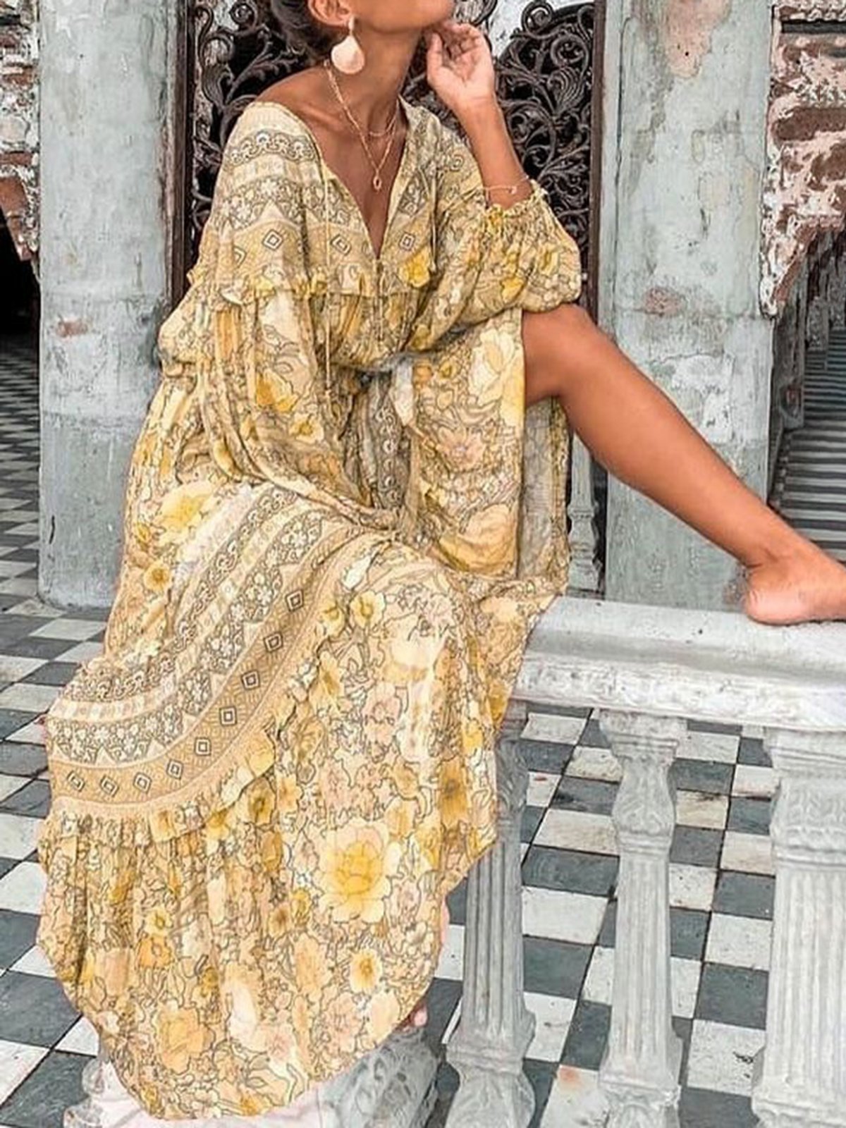 Women Tribal Long Sleeve Boho Cotton Maxi Dresses