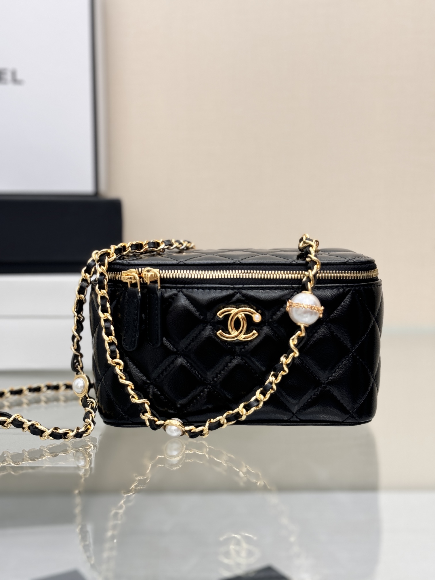 Long Vanity Case with Chain & Pearl Detail in Black Quilted Lambskin with Light Gold-Tone Hardware - Mocuir