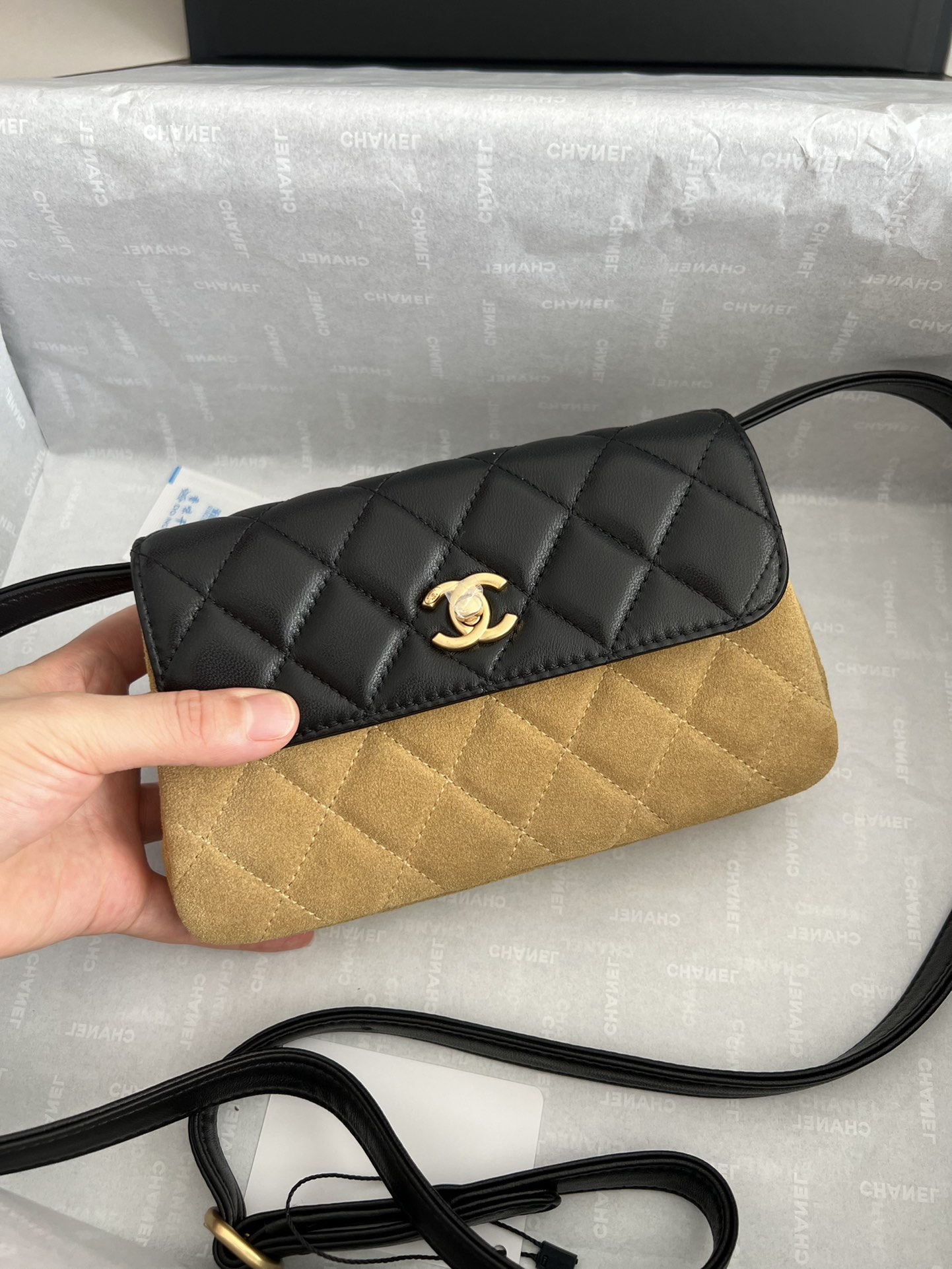 25A Lambskin & Suede Quilted Flap Bag in Black & Camel with Gold-Tone Hardware - Mocuir
