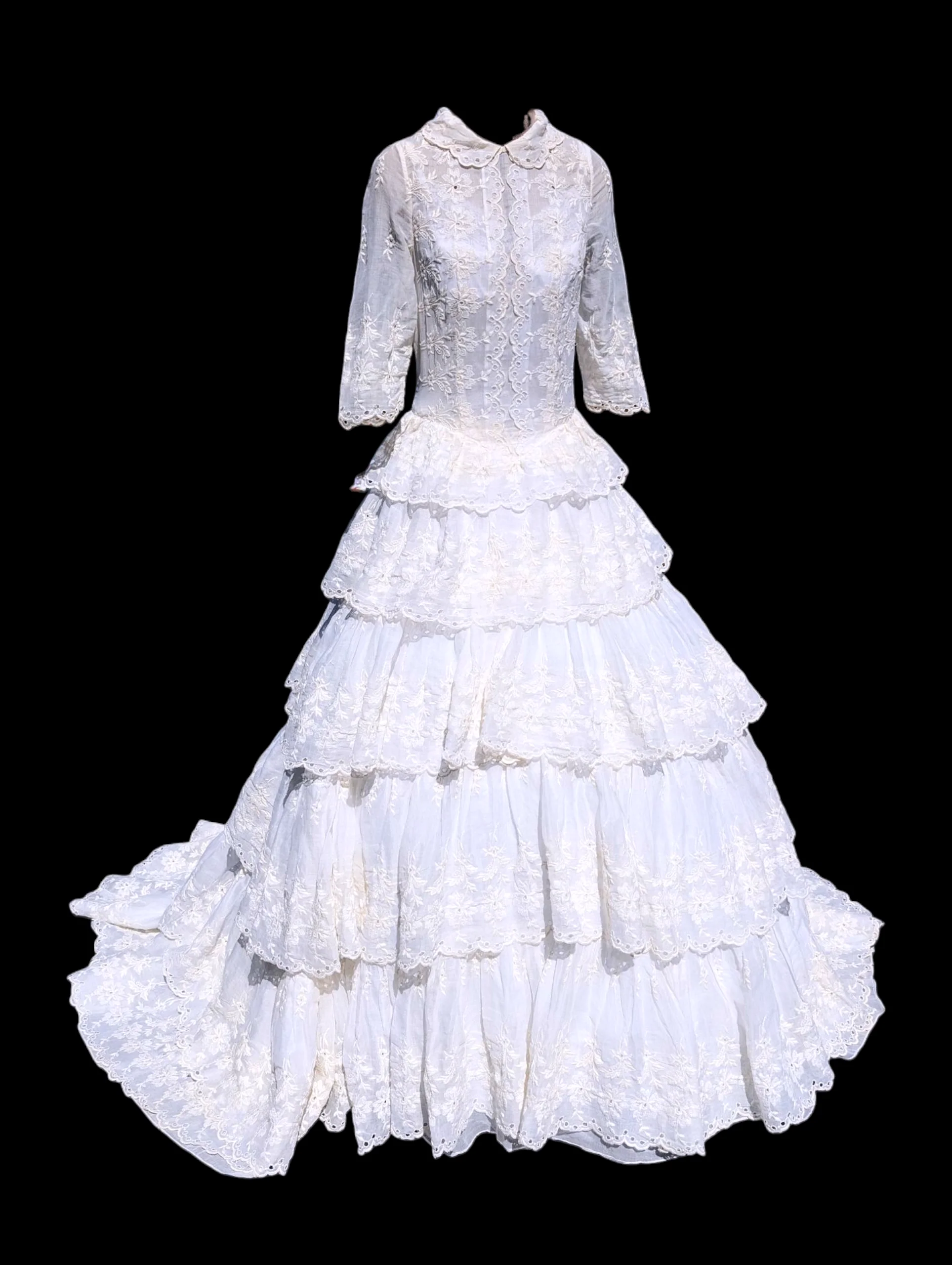 Eyelet Lace Multi Tiered Wedding Dress in White with Drop Waist, Peter Pan High Collar, Train and 3/4th Sleeves