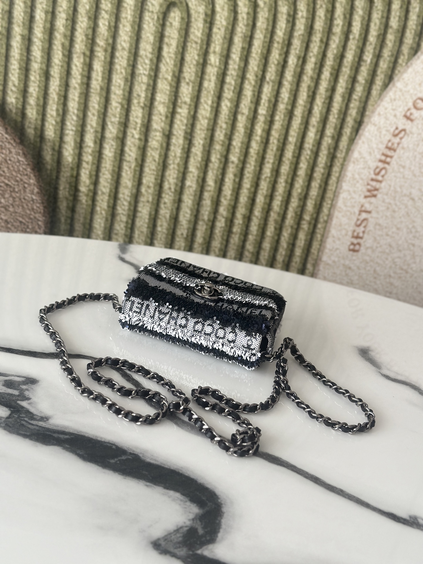 24C25C Mini Classic Flap Bag (AS4561) in Black & White Striped Hand-Embroidered Sequins with COCO Logo & Light Gold-Tone Hardware - Mocuir