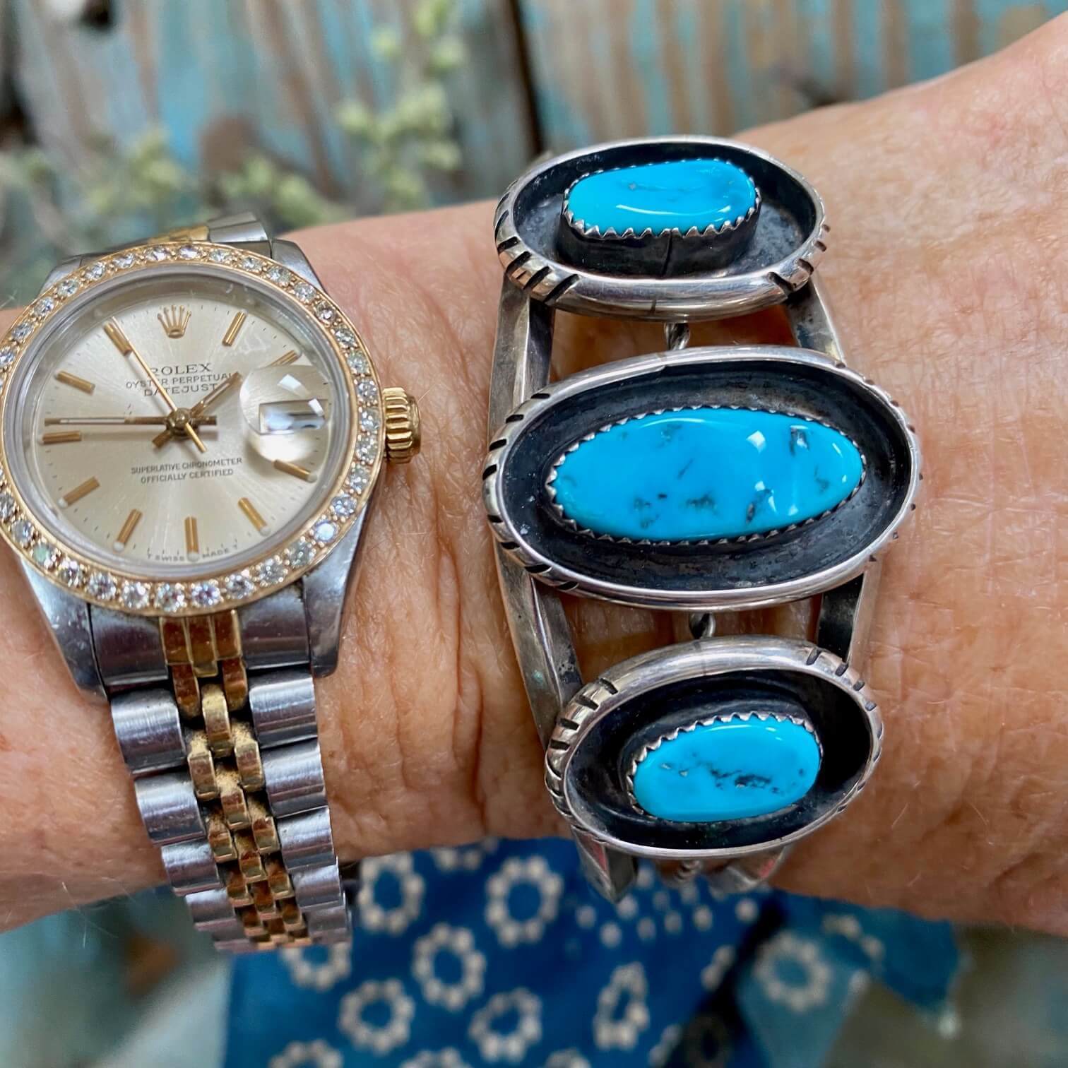 Vintage Sterling Silver Turquoise Row Bracelet Navajo
