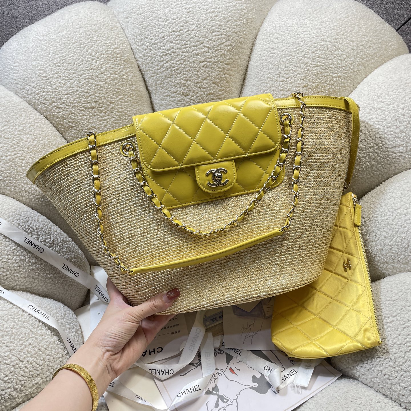 Large Straw & Lambskin Tote Bag with Pouch in Bright Yellow with Light Gold-Tone Hardware, 25C Cruise Collection - Mocuir