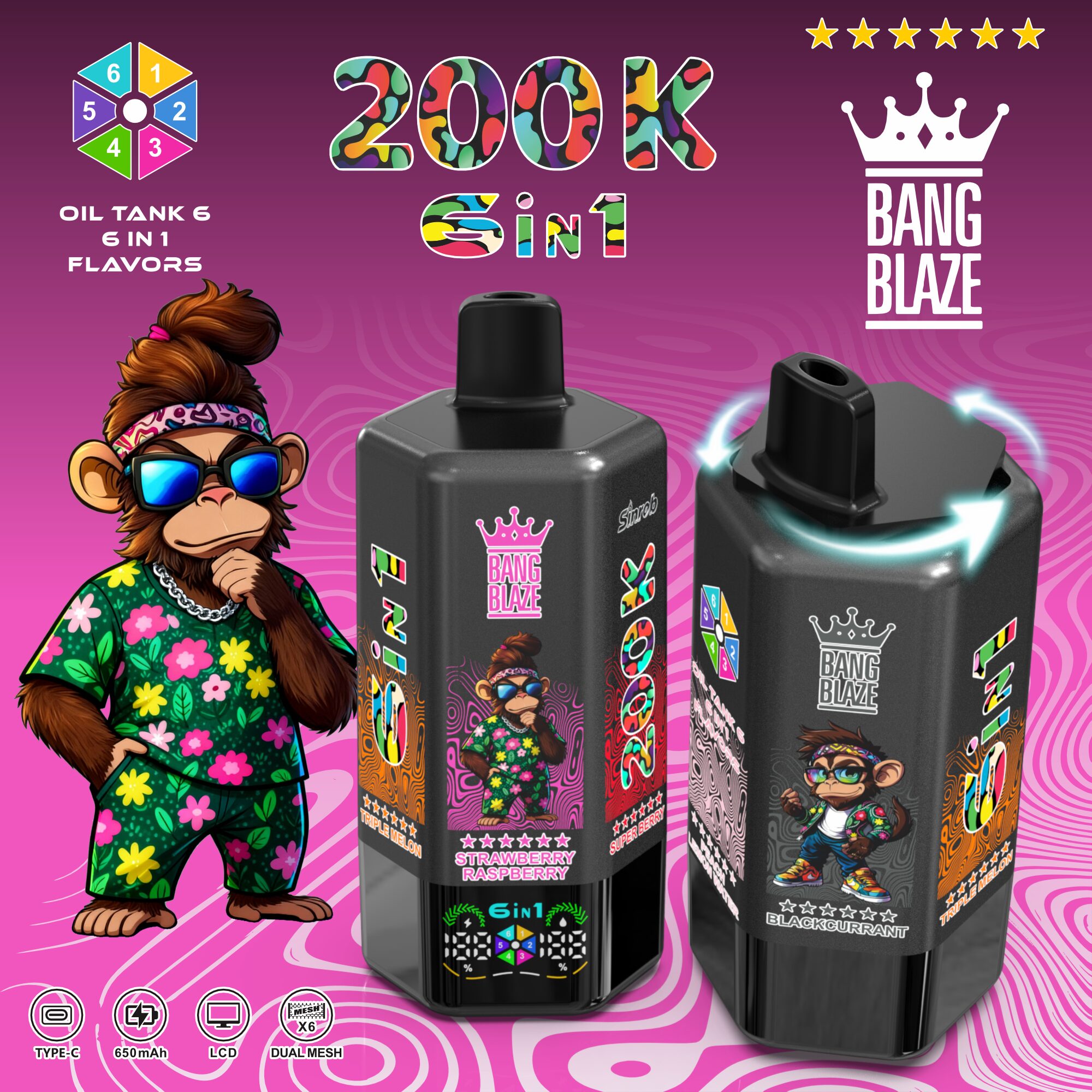 【New Arrive】Bang Blaze 200K Puffs 6 in 1 Flavors &  6 oil tanks Rechargeable LCD Display Disposable Vape