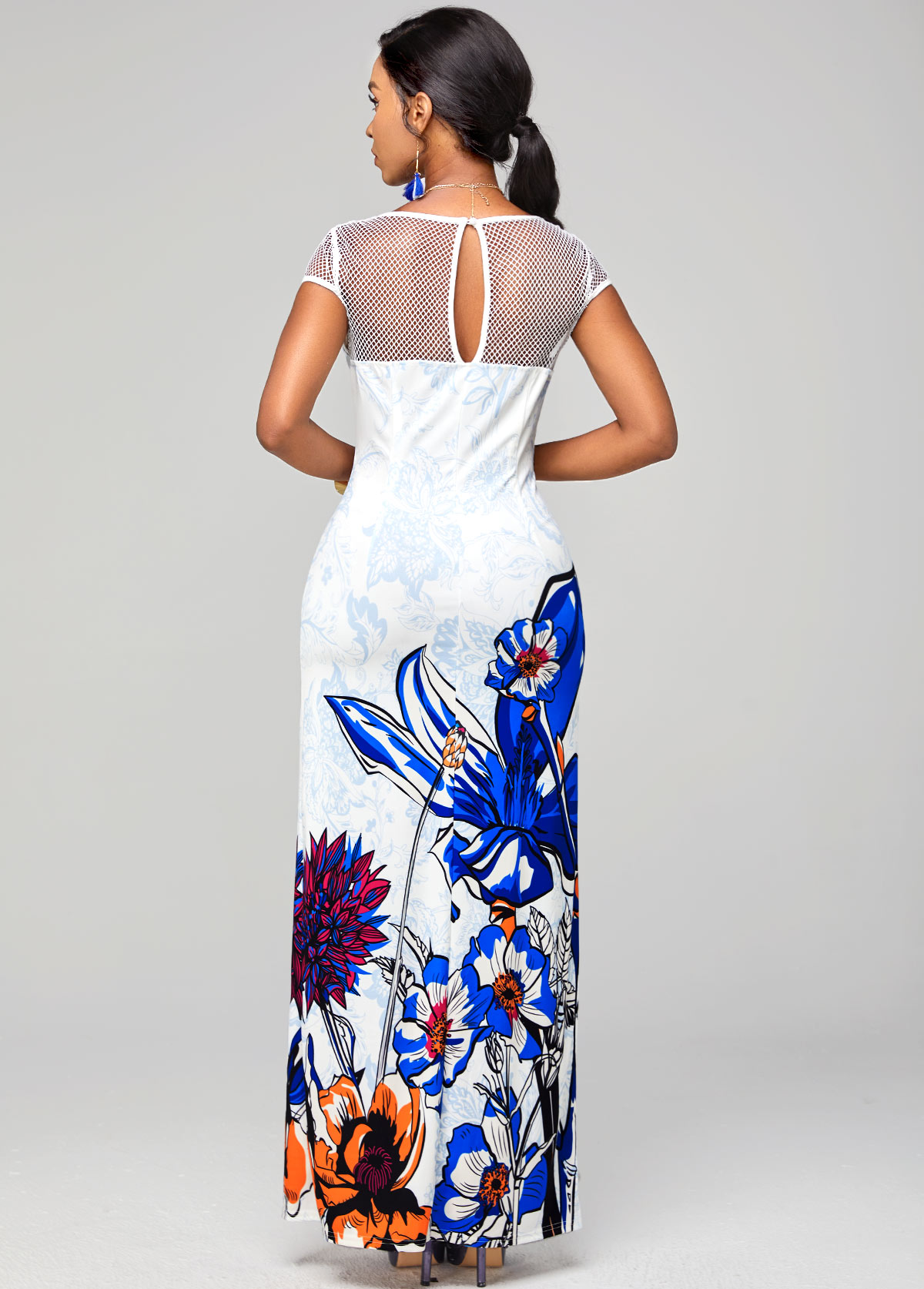 Short Sleeve Fishnet Panel Floral Print Dress