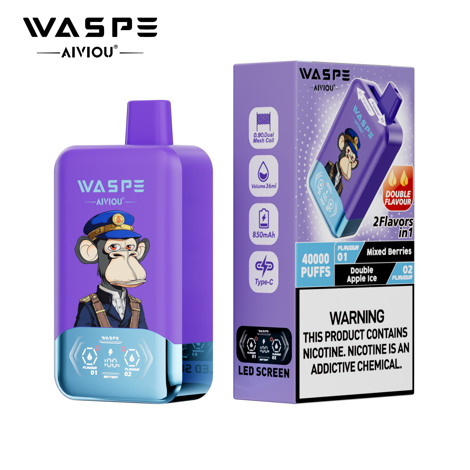 （3 pieces）WASPE 40000 40K Puffs Double Taste LCD Display Disposable Vape