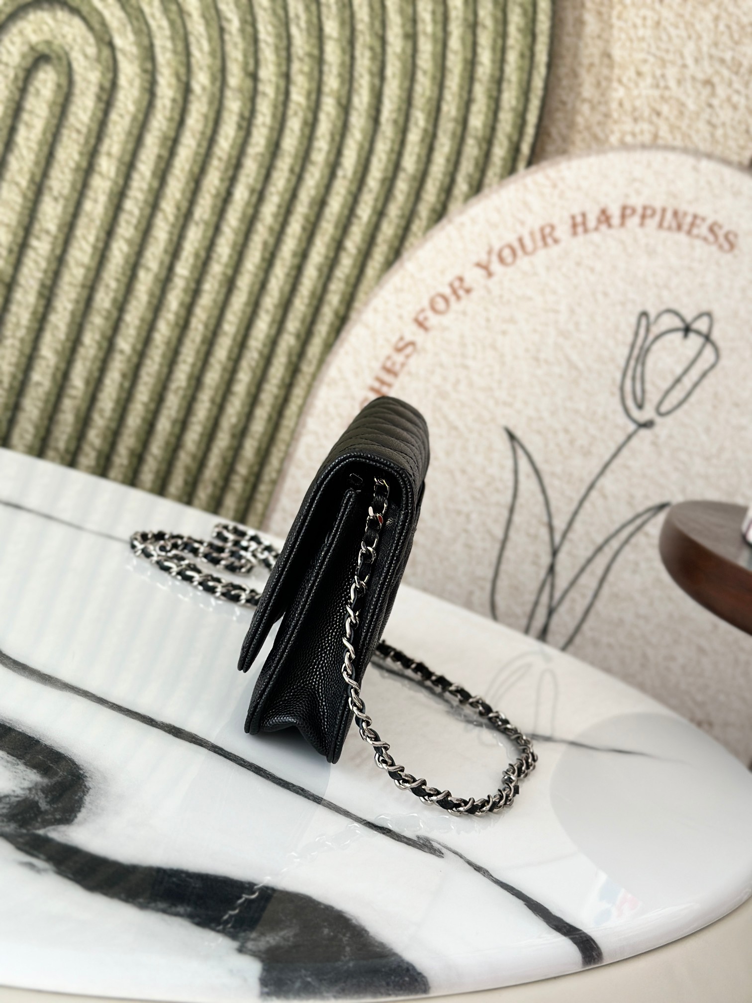 Wallet on Chain (WOC) 25C Collection in Black Quilted Caviar Leather with Brushed GoldSilver-Tone Hardware - Mocuir