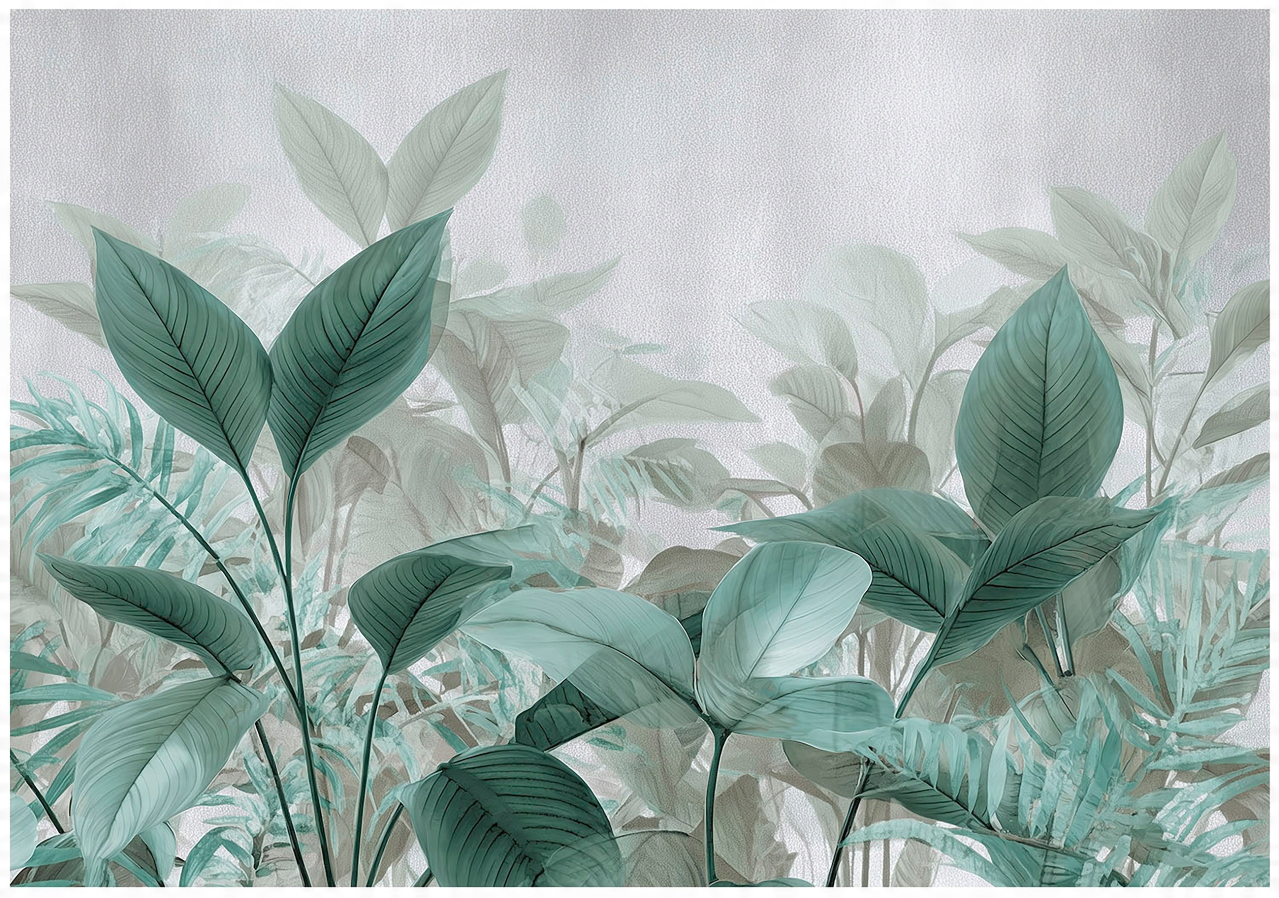 3D mural featuring green leaves and a gray concrete wall, perfect for a bedroom or living room