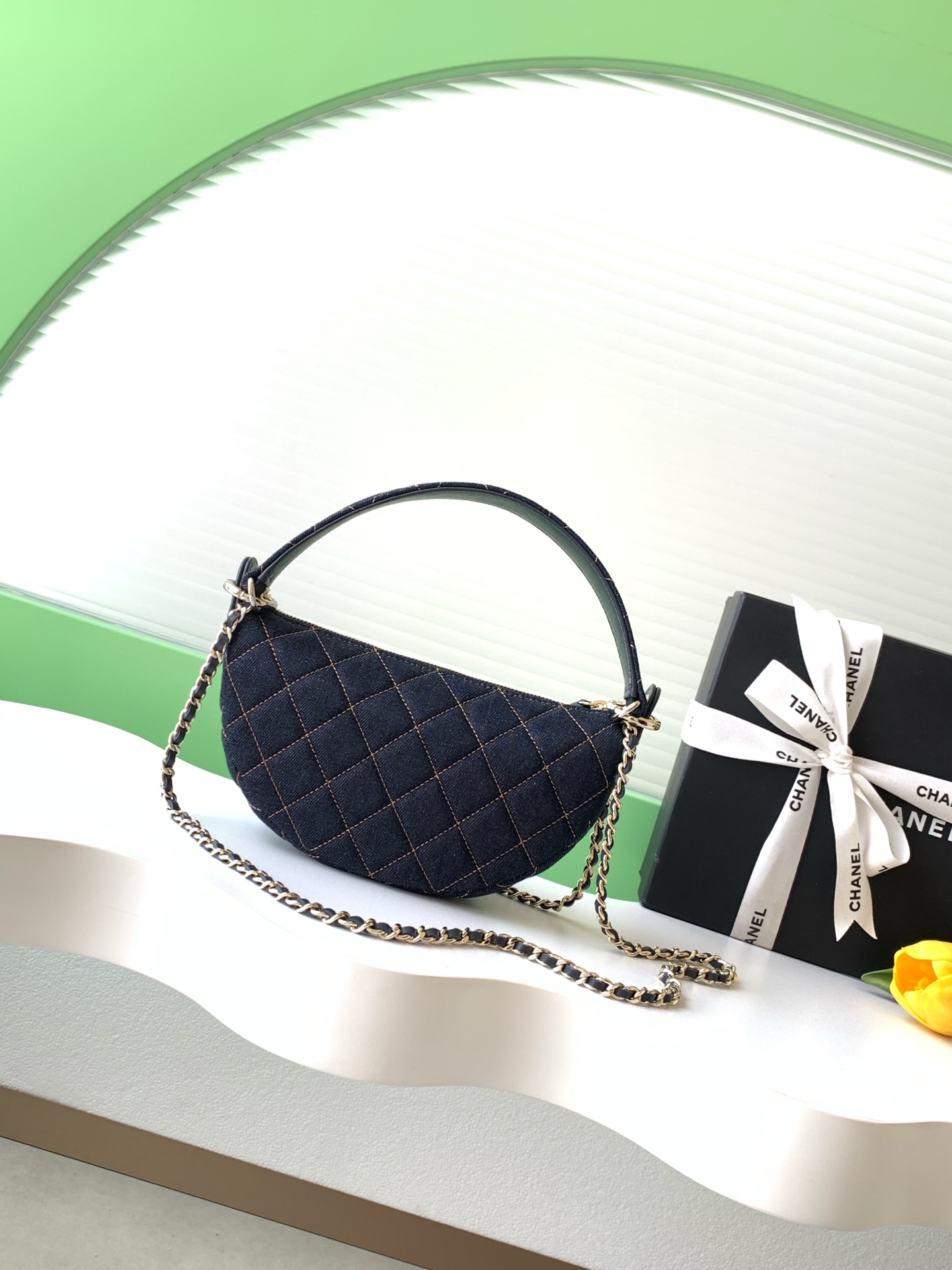 26S Spring-Summer Quilted Denim Moon Hobo Bag in Dark Blue with Gold Hardware (Model AS5652) - Mocuir