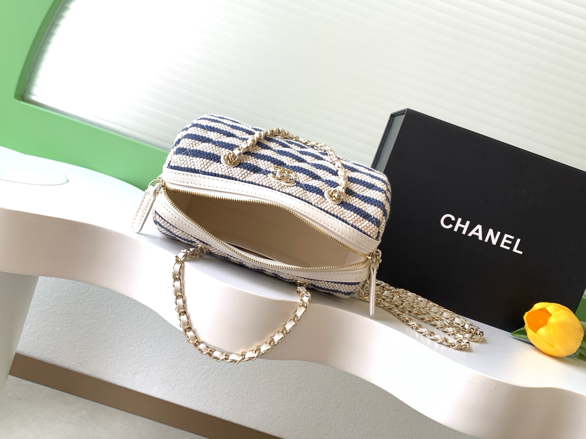 Deauville Striped Quilted Canvas Vanity Case / Box Bag in Navy Blue with Light Gold-Tone Hardware - Mocuir