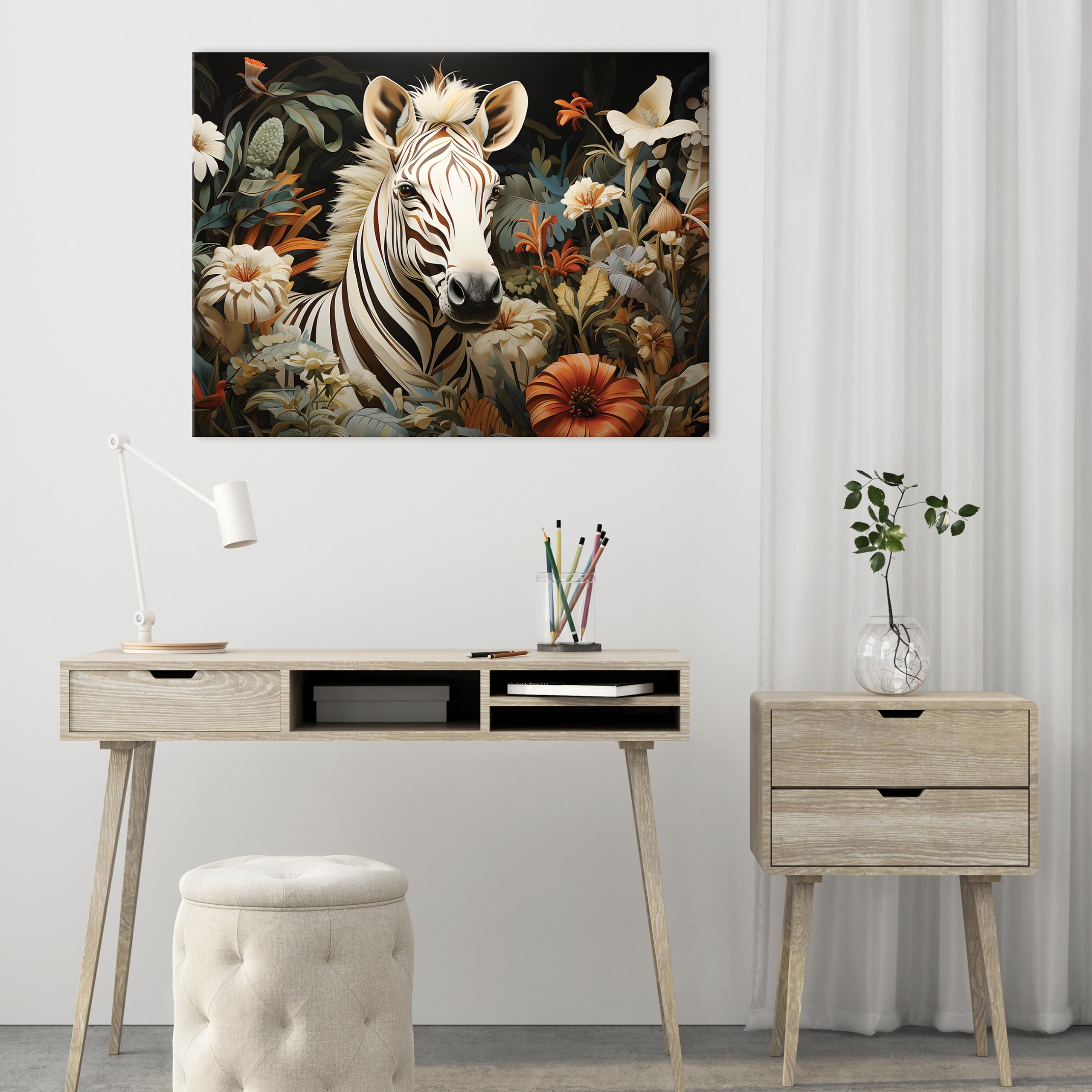 Zebra, flowers, and animals canvas wall art for the bedroom or living room, 60x40