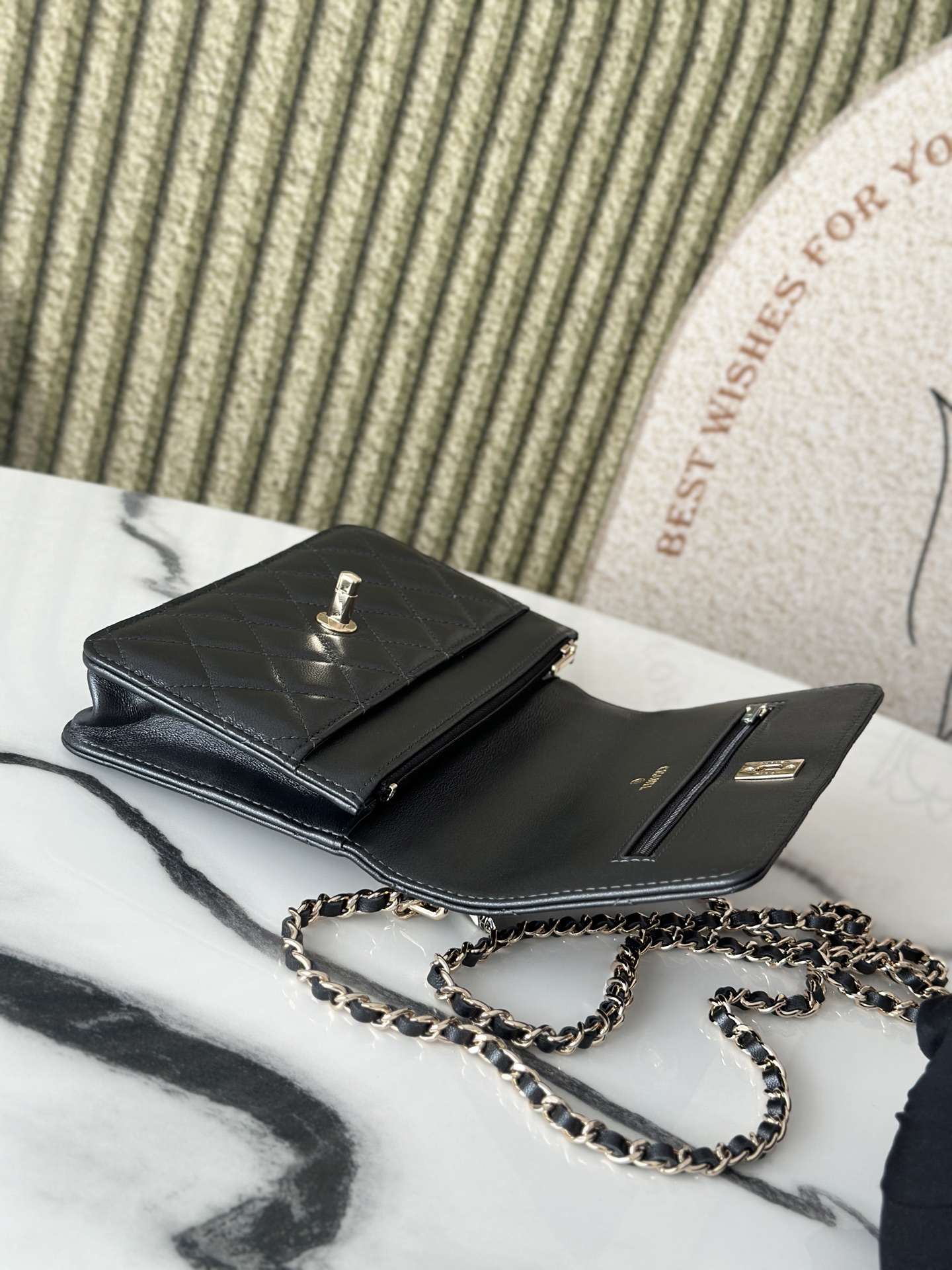 Wallet on Chain with Valentine Charms (AP3984) in Black Lambskin with Gold-Tone Hardware - Mocuir