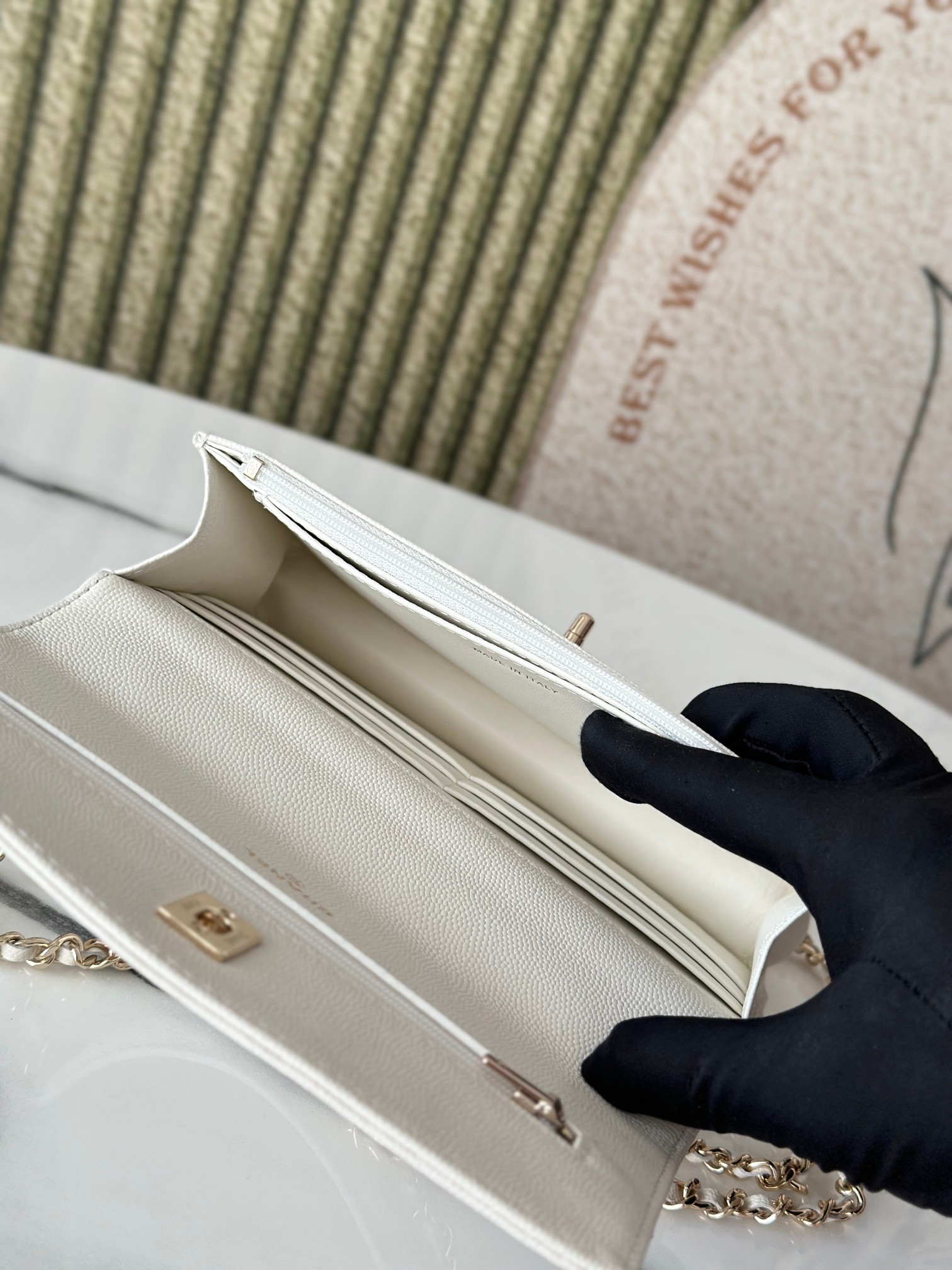 Classic Flap Mini Bag with Top Handle in White Caviar Leather with Light Gold Hardware (Model AP3341) - Mocuir