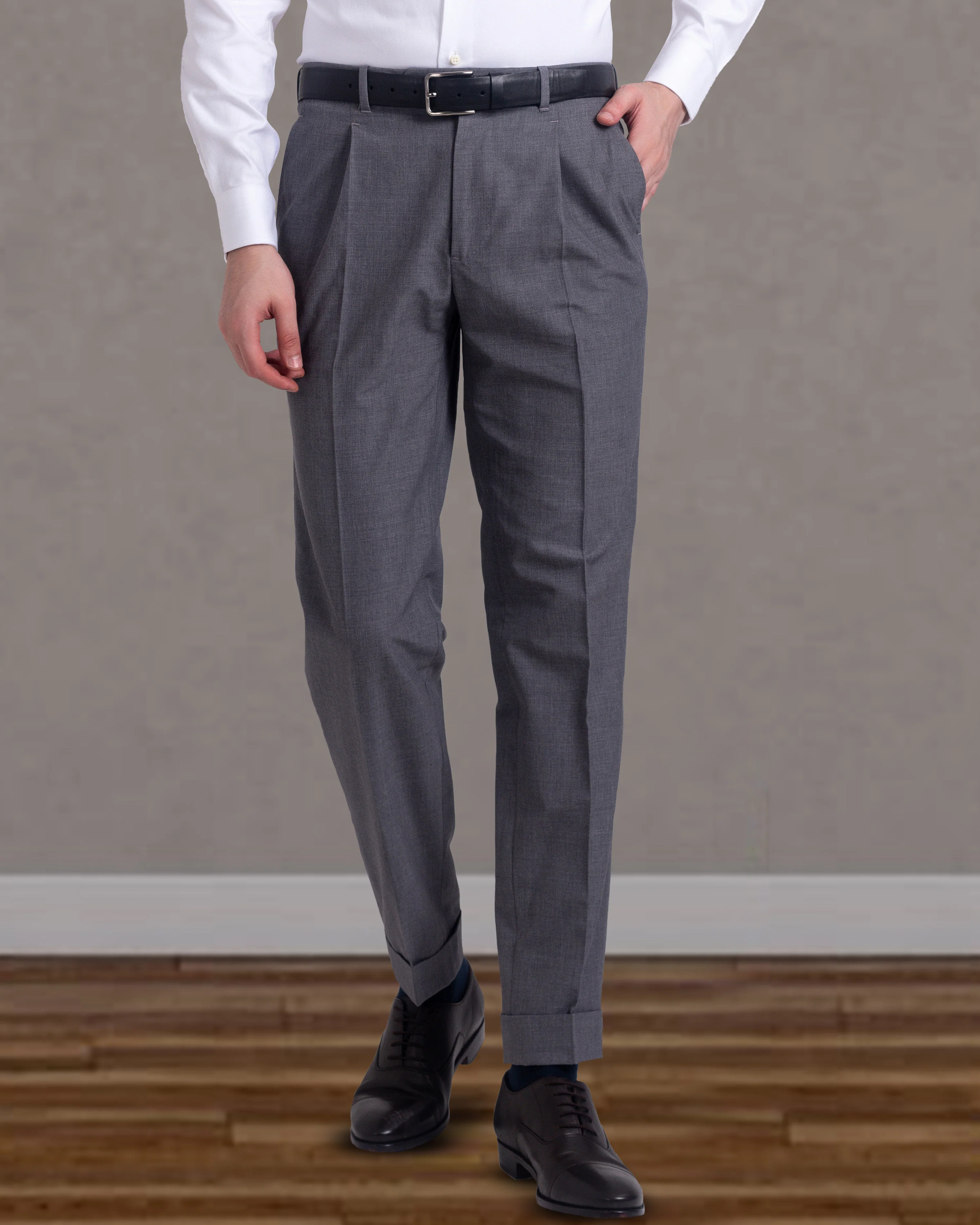Pleated Grey Wool Flannel Dress Pant
