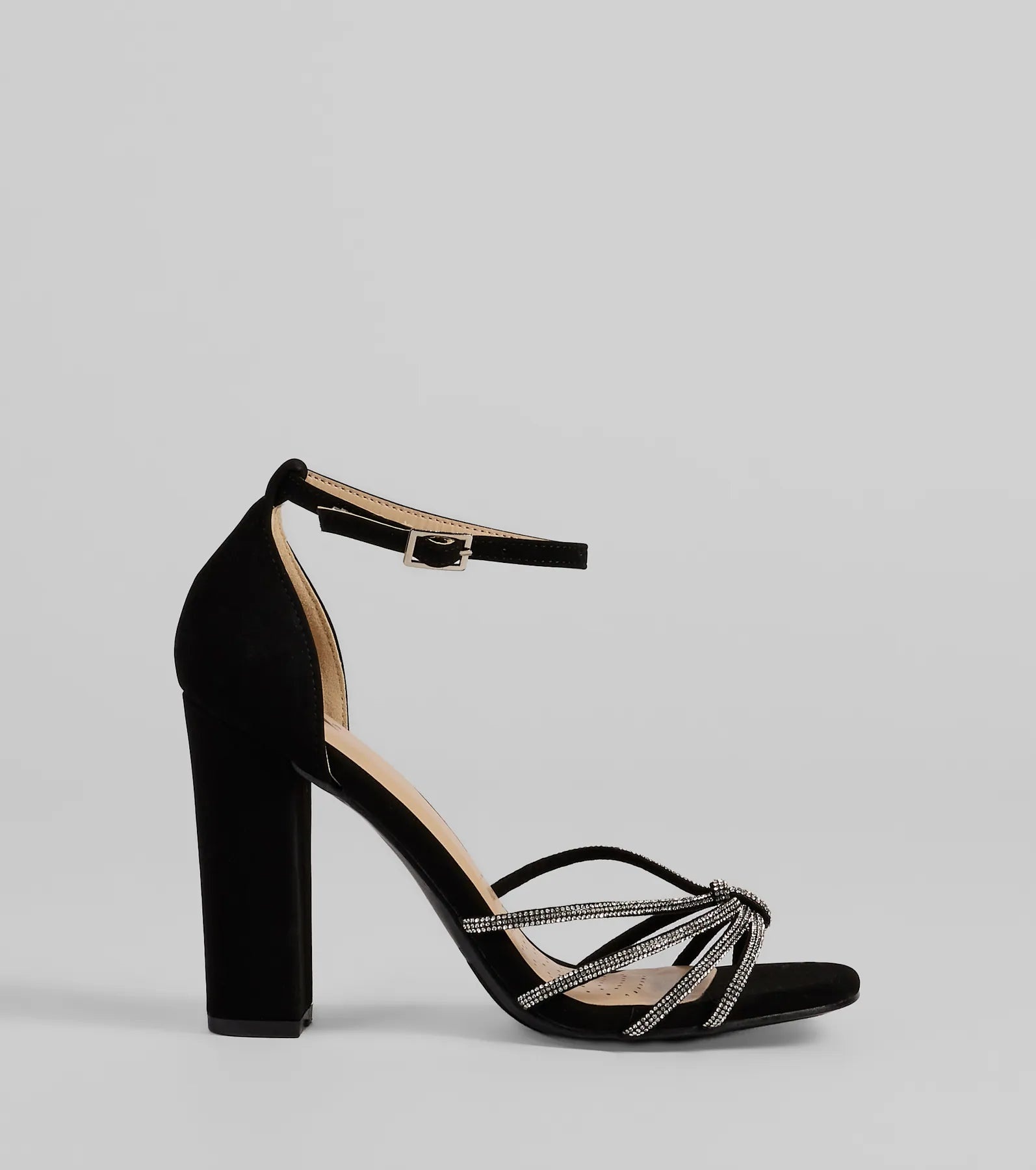 Sparkle Scene Rhinestone Strappy Faux Leather Block Heels